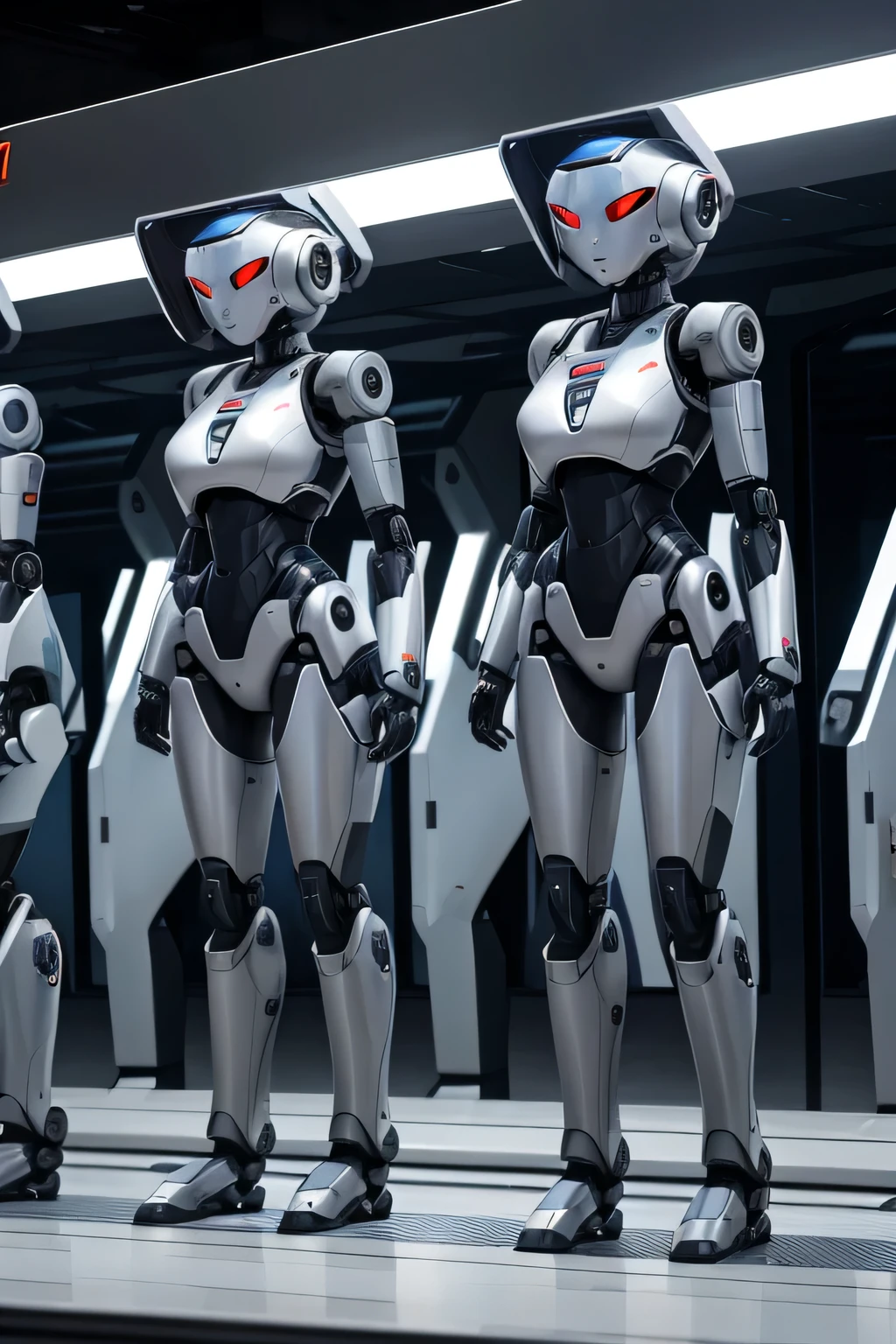 Female robots are mass produced Multiple female robots are standing on a conveyor belt. everyone closes their eyes everyone looks the same Mechanical and homogeneous body