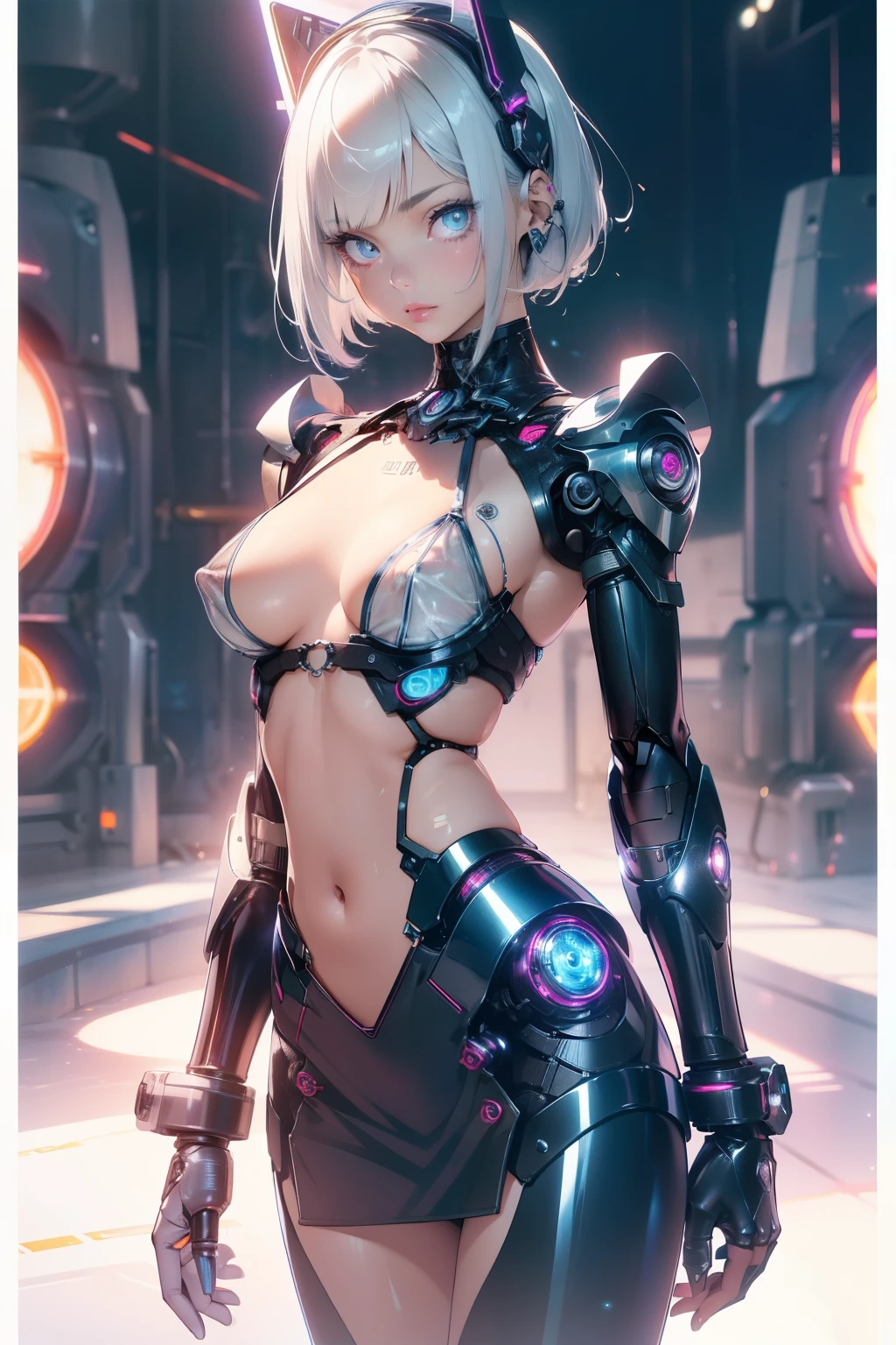 (quality)), ((masterpiece)), Recommended results、Puffy nipples、(see through:1.5)、straighten your back、abdominal muscles、huge bust、angle to floor:1.2、low camera angle、Hair loss on crotch，Hatsune Miku，(cyborg girl),(cyborg girl:1.5),maid android,((1 girl)),((mechanical  girl with extremely charming and beautiful pale nipples 金色的 hair)),(big breasts:1.4),Breast sagging,(((pale nipples 金色的 bob hair:1.35,Colored inner hair,short hair,ear breathing))),(((toy doll))),((pale nipples white skin,toy doll joints:1.5,Manipulator:1.5)),((silver armor dress,Tesla Coil)),((maid mechanical toy doll:1.5,body:1.5,metal skin,ball joint,cyborg:1.5, part:1.5,:1.5,Mechanical joint: 1.4,mechanical limbs)),(((pale nipples_blue_Eye:1.3))),((fat)),(((shiny skin:1.5,bright skin: 1.5,shiny skin,very shiny skin,shining body,plastic glitter skin,exaggerated shiny skin,glowing skin,wet legs))),(lower abdomen,Yao Liu,wide hips,detailed body,(Detailed face)),charming,slutty,Tempting,,((national foundation)),(maid headdress),only_Shoulder,Delicate metal decoration,hat,(maid),sleeveless,mini skirt,boots,art photography,(Photos taken by sldr),high resolution, sharp focus,(super detailed, Very detailed), (realistic artwork:1.37),(Very detailed CG unity 8k wallpaper),((Synthwave background theme)),(((bright colors))),complicated,(complicated background),(masterpiece),(最好的quality),Perfect face,Perfect facial details,realistic face,lifelike,analog style,((complicated detail)),(((realism))),