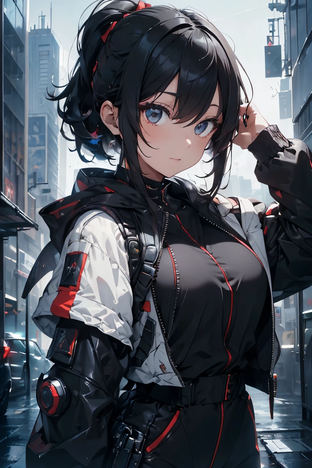 Waist up beside view, hot beauty woman (masterpiece) with bob short black hair & colorful fringes, best quality, expressive eyes, perfect face, wearing a short jacket & a detailed ornad sci-fi cyberpunk combat plugsuit & sunglasses, sharp focus, cybersamurai, glowing
