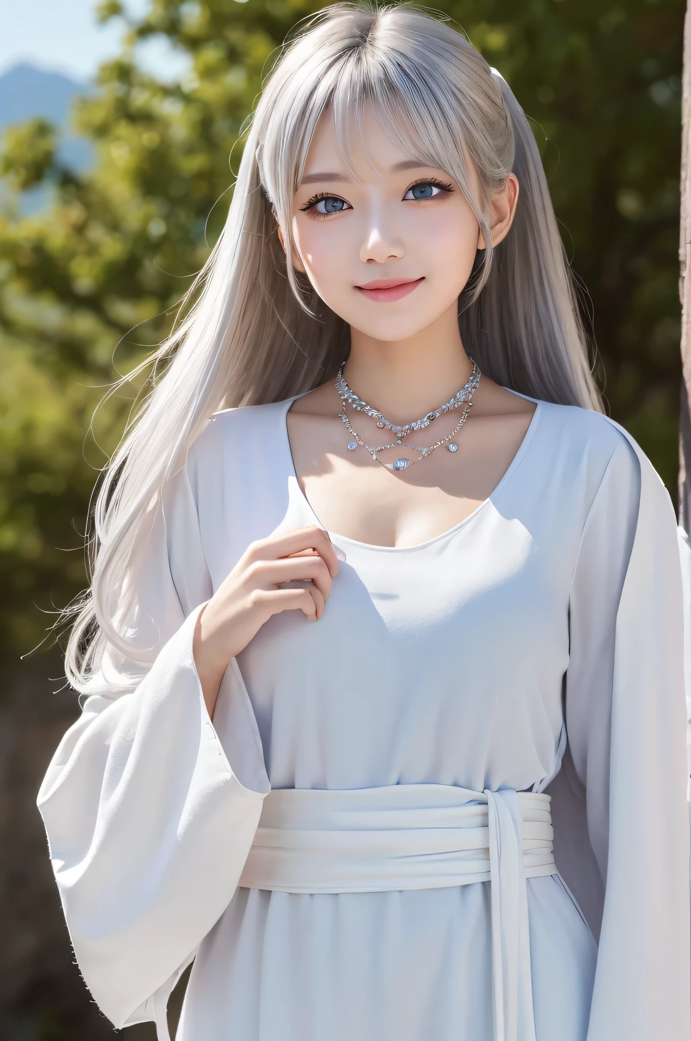 ((masterpiece)), ((highest quality)), (super detailed), ((cute)), cute, (Lovely), ((very detailed)), (fine eyes), (detailed facial features), (finger details), (Detailed clothing characteristics), 4K, (8K), (beautiful), figure, From the side, profile:1.3, forest, ((Mountain)), daytime, a cute girl, 1 girl, alone, Japanese, ((white mage clothes:1.3)), (Mage Dress:1.3), flat chest, (beautiful silver hair:1.3), ((beautiful hair)), (twin tails), (windblown hair:1.4), beautiful blue eyes, ((beautiful eyes)), (bib necklace:1.4), smile, blush, shiny