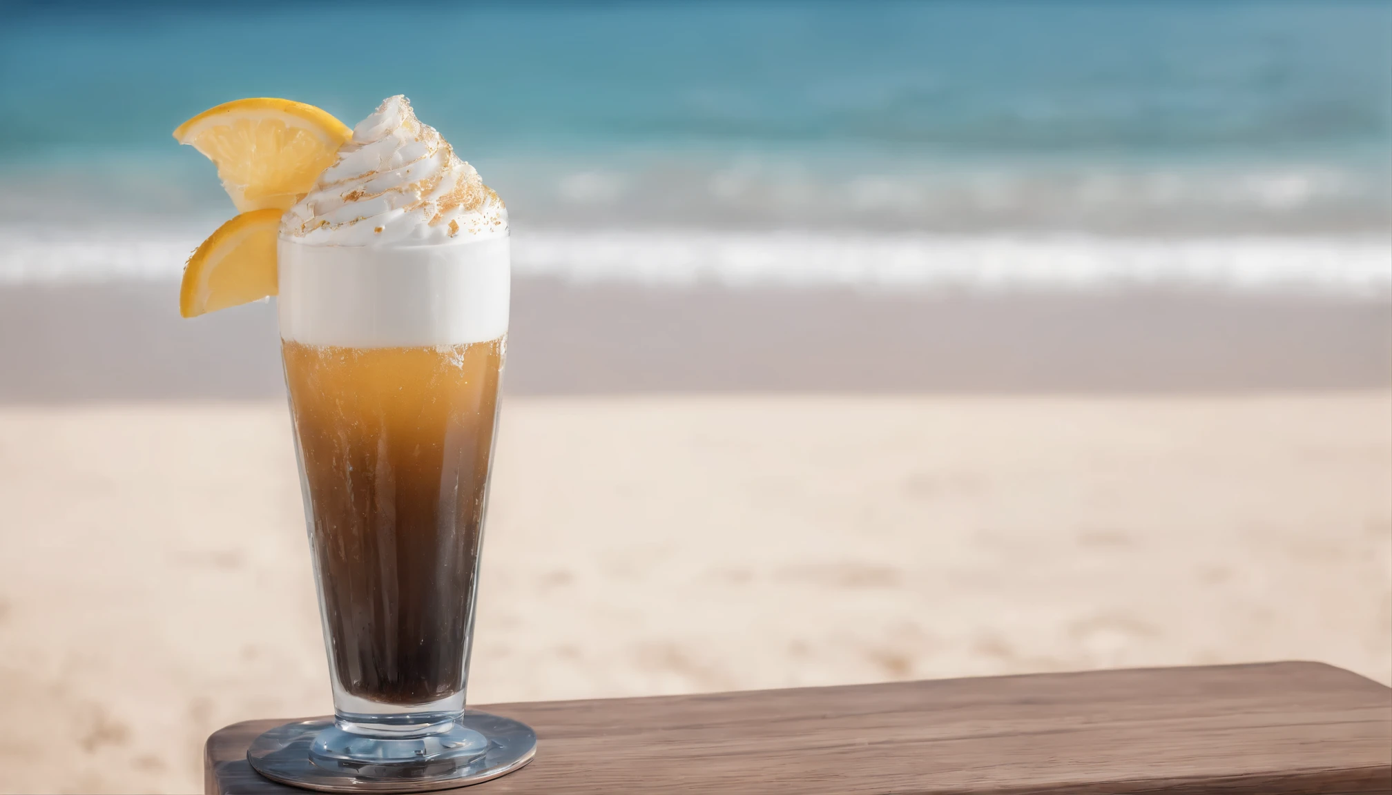 foto realista, ultra detalhada, copo alto e estreito cheio de cerveja, 1/3 do copo com a espuma, espuma caindo pela lateral do copo, em uma mesa de madeira, dripping drops of water to emphasize the fact that it is very cold, Background scene is a beach bar, 8k, muitos detalhes, luz natural do sol, cores quentes, best resolution, excelentes detalhes