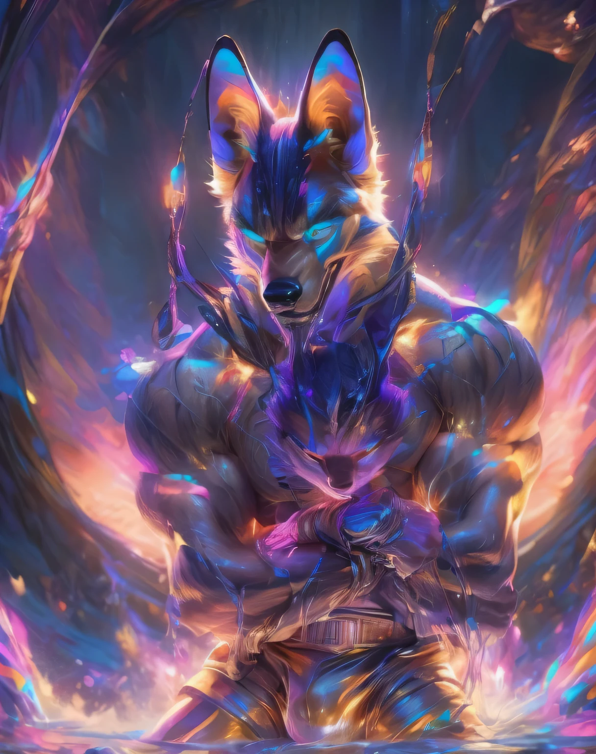 (mid_shot:1.3),(1 male:1.2),(muscle maned wolf:1.1),(frontal illumination:1.2),with a silver body and glitters with lights above,extreme iridescent reflection,in the style of vray tracing,vibrantmanga,shiny/ glossy,rococo pastel,fluid form,tinycore,fluid impressions,vray,machine aesthetics,yanjun cheng,silver,shiny eyes,fluidform.,the young warrior,male characteristics, detailed bulge, vpl, beard, bulge, nice bulge