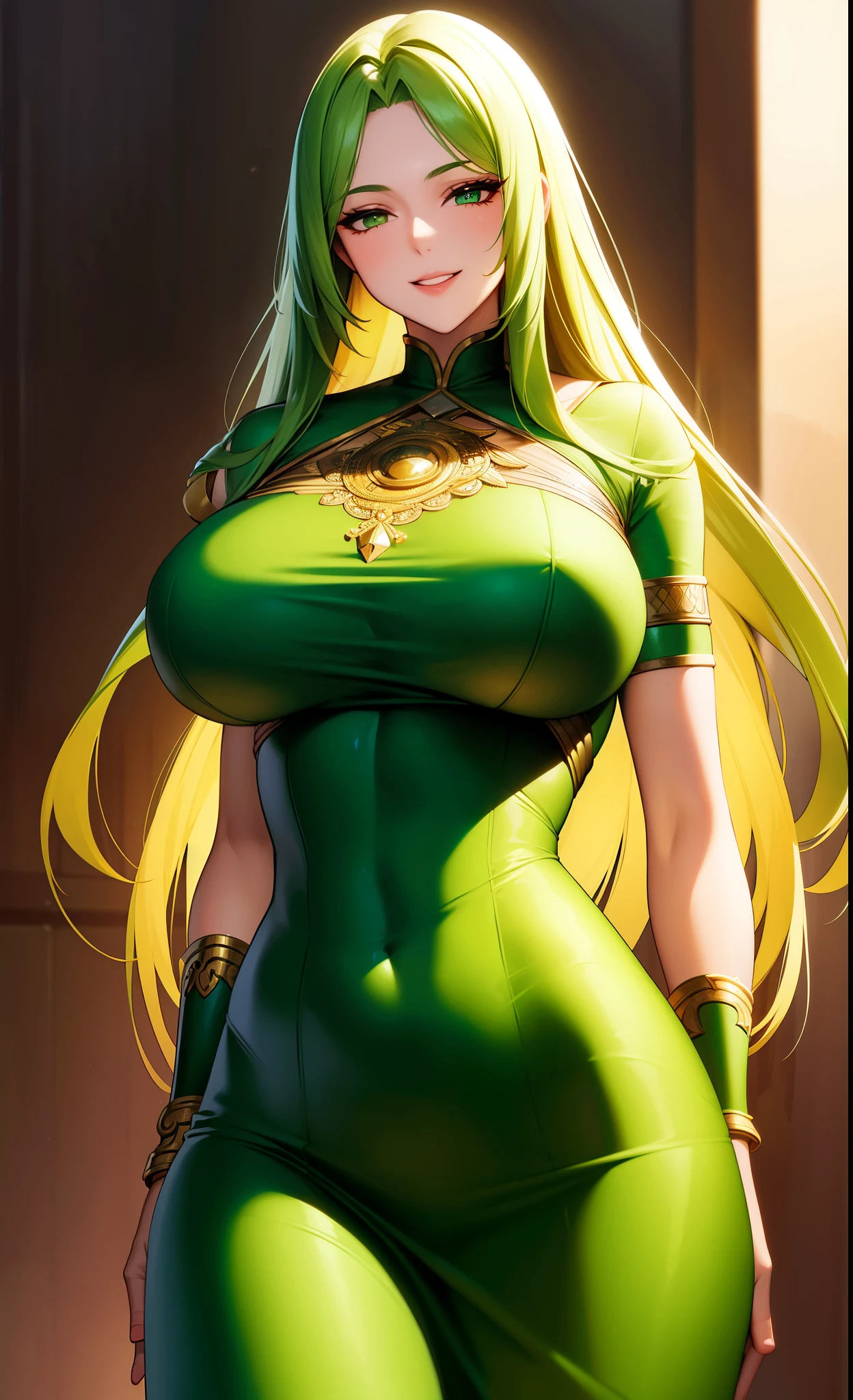 best quality, ultra high resolution, NSFW, hyper-detailed, intricately detailed, masterpiece, anime style, beautiful woman, tall, mature, mature woman around 28, white woman, milf, green hair, long hair, green eyes like the most beautiful emerald, compassionate and adorable;, beautiful and the most beautiful woman of all, Big (huge) busts, perky breasts, thin waist, Amazon queen woman, wearing long green dress, Greek style, long sleeves with black details, Body Perfect, fit body, natural muscular body, modest hips, big ass, curvy ass, beautiful skin, pale and shiny skin, sexy and seductive Amazonian warrior queen Woman with love happiness for the viewer, imposing sexy, beautiful face with kindness and compassion , beautiful happy face with a caring look and a joyful smile full of love, kindness and compassion, Standing on a farm, Sun highlights her body, costume, looking at the viewer with a happy look and a loving smile at the viewer, Photo of Cowboy, portrait, Alone, Alone, 1 young man, looking at the camera with a happy and loving smile at the viewer, detailed body, detailed hairstyles, detailed face, ready for a fight to protect you, she loves you more than anything, she will fight for you