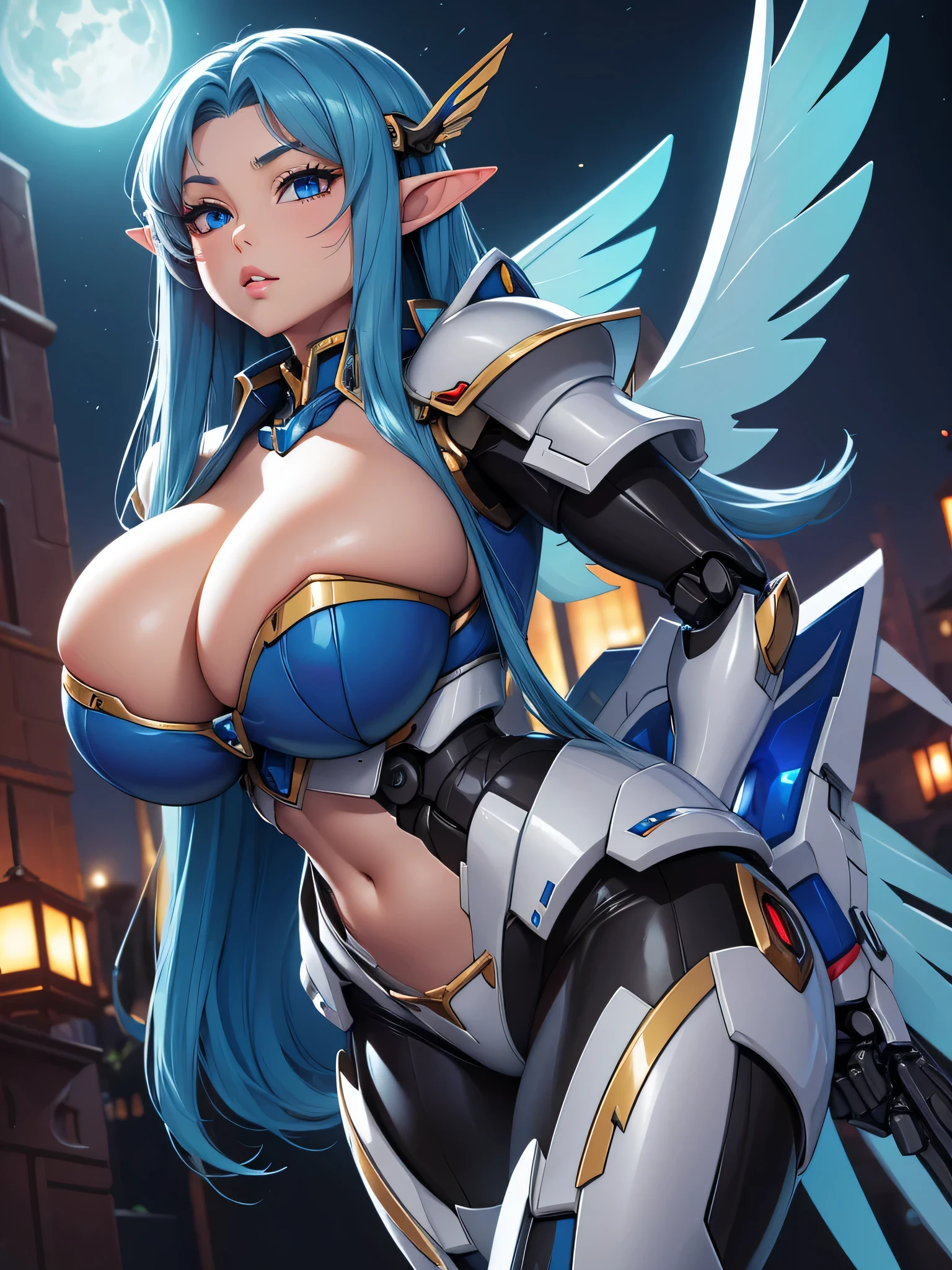 super high image, super detail, super high resolution, best quality, (full body image), ((anime)), (((masterpiece))), , (((elf girl))), ((())),(pretty face), (perfect body), (hourglass body shape), (high quality hands), ((blue hair)), (beautiful eyes), ((massive breasts:1.3)), (sexy), ((((mecha armor with mechanical wings)))), sexy expression, (((erotic pose))), (thin waist:1.0), (wide hips:1.3), (thick ass:1.1), ((midriff)), ((in sci fi city at night))
