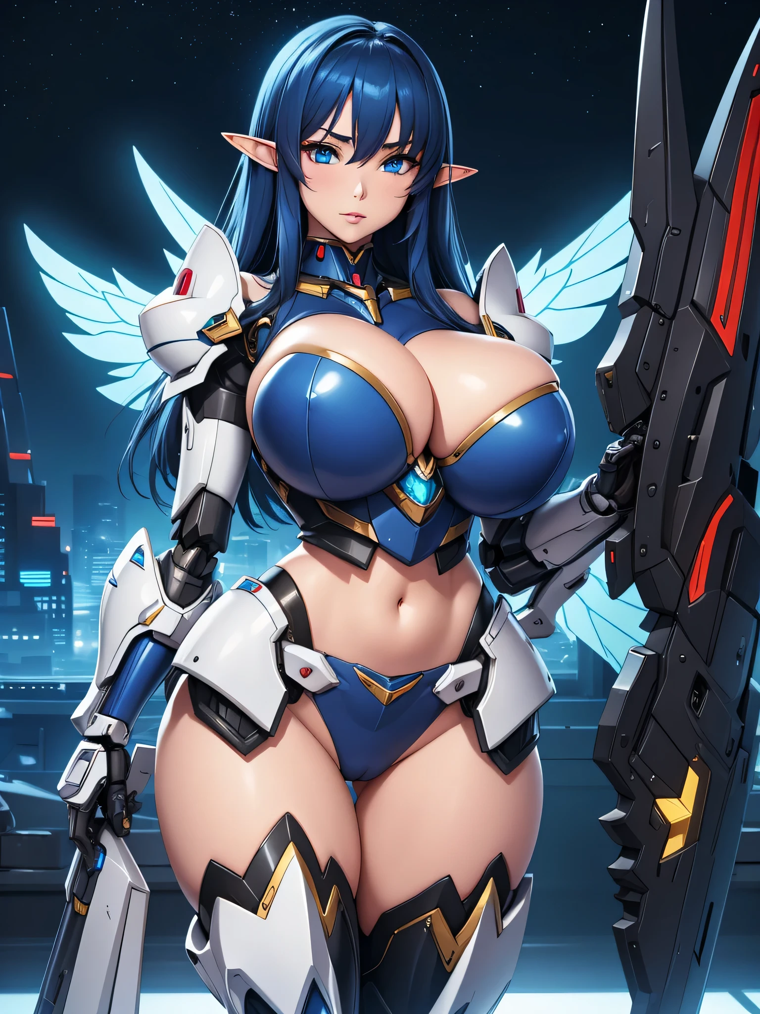 super high image, super detail, super high resolution, best quality, (full body image), ((anime)), (((masterpiece))), , (((elf girl))), ((())),(pretty face), (perfect body), (hourglass body shape), (high quality hands), ((blue hair)), (beautiful eyes), ((massive breasts:1.3)), (sexy), ((((mecha armor with mechanical wings)))), sexy expression, (((erotic pose))), (thin waist:1.0), (wide hips:1.3), (thick ass:1.1), ((midriff)), ((in sci fi city at night))
