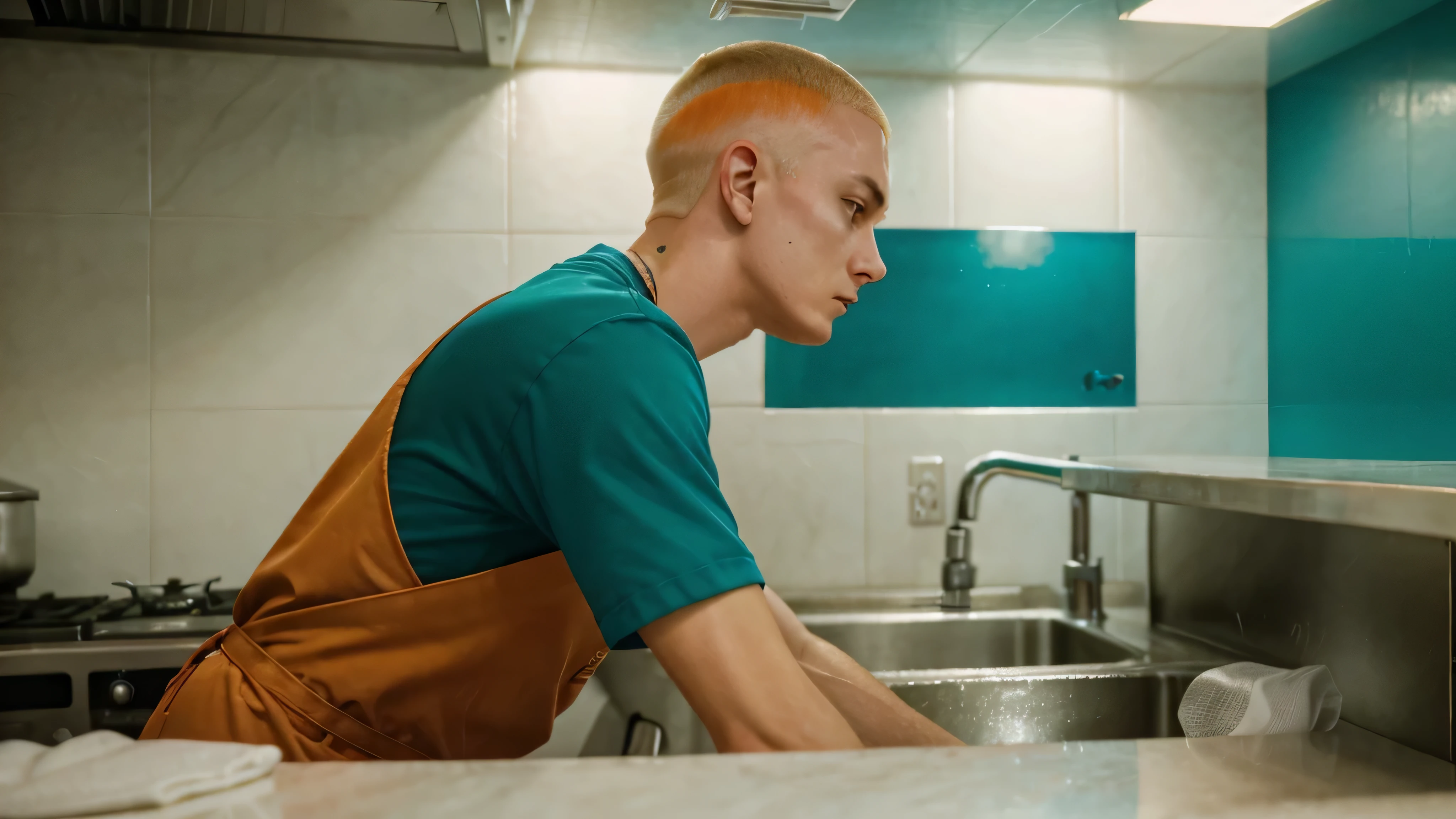 young man looking exactly like eminem washing dishes in a restaurant kitchen, side view, orange and teal cinematic