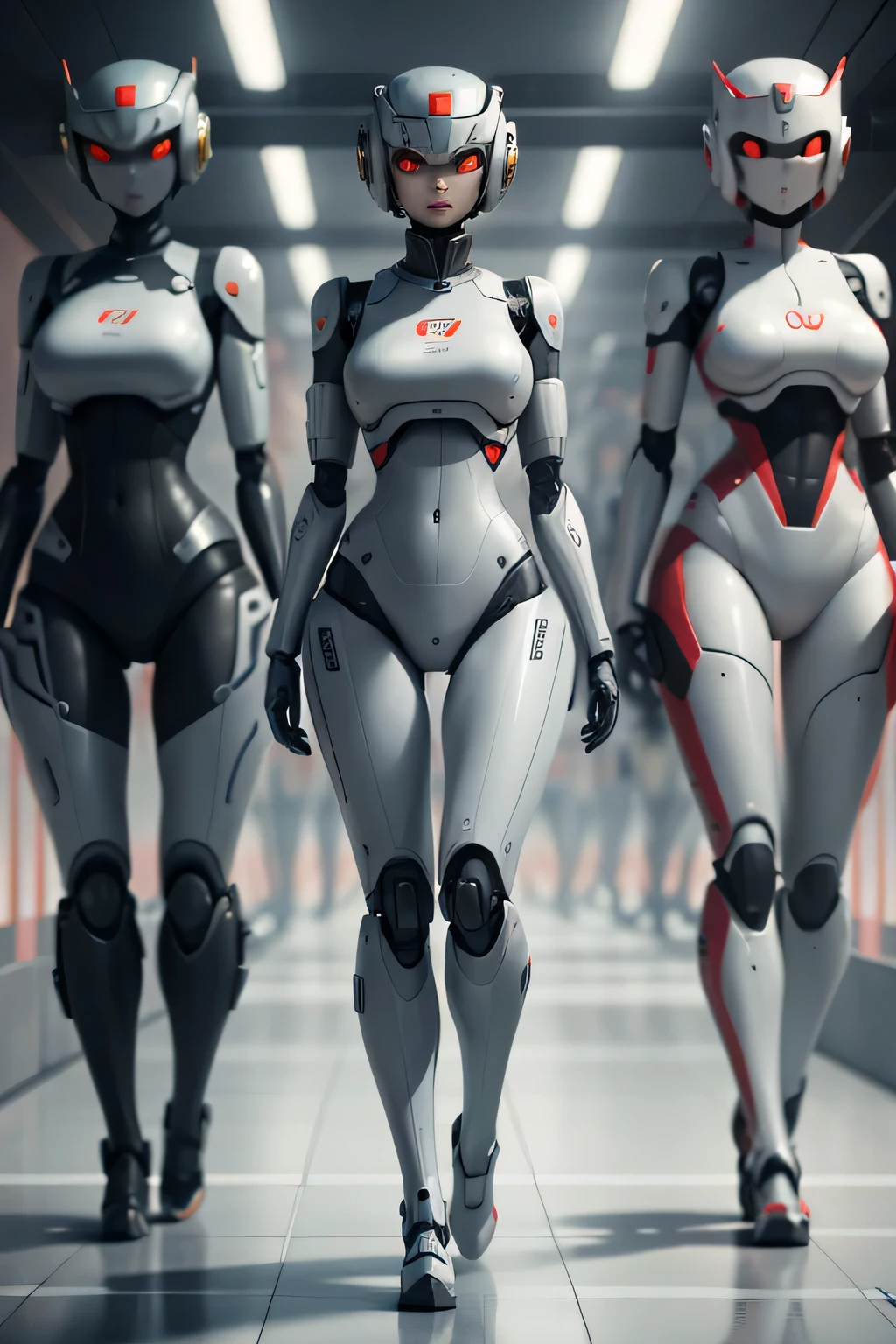 Female robots are mass produced Multiple female robots are standing on a conveyor belt. everyone closes their eyes everyone looks the same Mechanical and homogeneous body