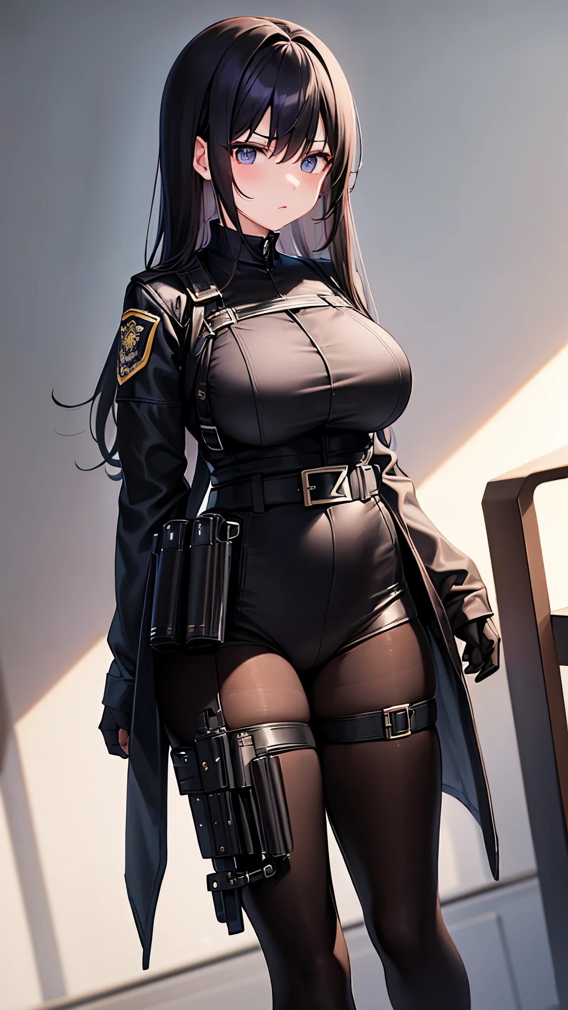 masterpiece, highest quality, super detailed、1 girl、police officer、長いblack髪、blackい瞳、angry face、narrow eyes、big breasts、black body suit、whole body、black pantyhose、whole body、standing、black boots、belt Large buckle、holster、High leg