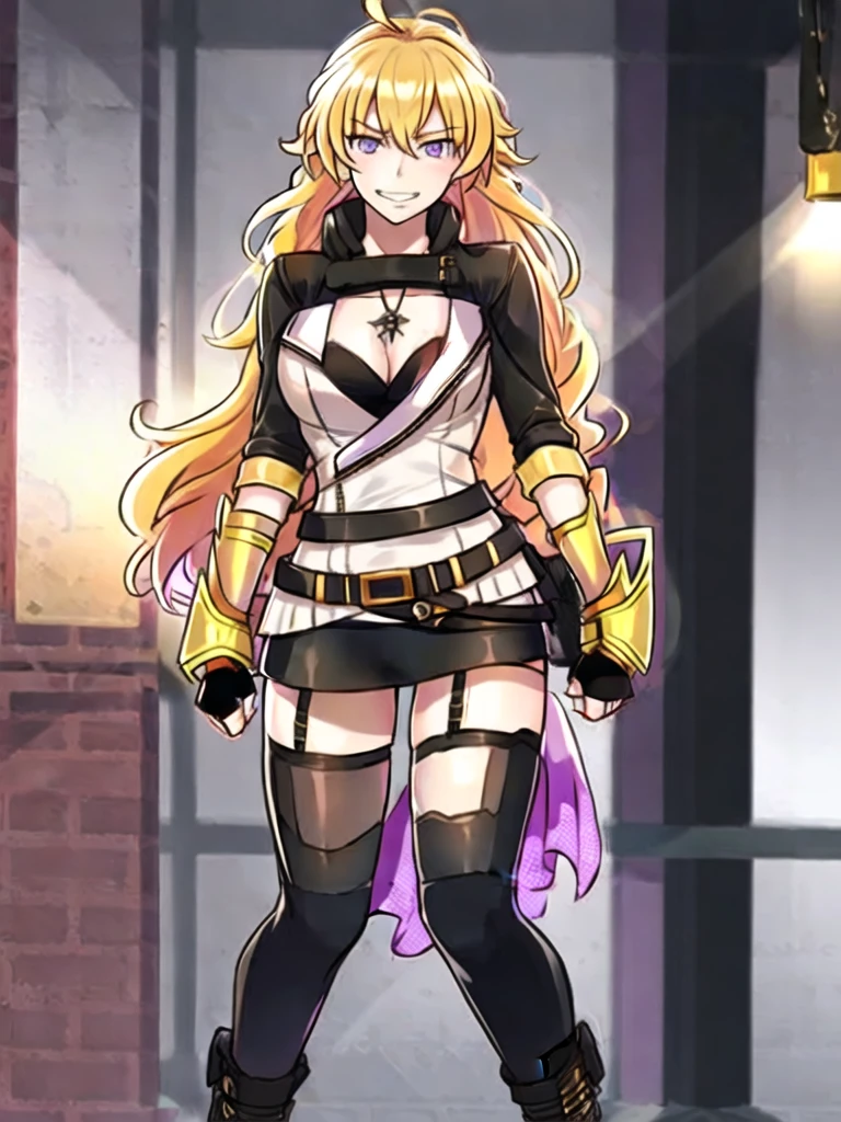 (fullbody), Huntress Yang, 1girl, solo, (ahoge:1), bangs, blonde hair, very long hair, (lilac eyes:1.), eyebrows visible through hair, hair between eyes, lips, teeth, collarbone, (Pendant:1), (purple jewelry:1), jacket, (black sleeves:1), (black shoulders:1), unzipped, long sleeves, cleavage, (black tube top:1), medium breasts, black underwear, (black belt:1.2), buckle, (purple fabric attached left of belt:1), (Heavy wind:1.4), (golden gauntlets with shell casings:1.3), black fingerless gloves, nail polish, (black mini skirt:1.5), thighhighs, (golden fire stamp on each thigh), (garter straps), (black legwear:1), cross-laced footwear, lace-up boots, (white laces on the back of boots:1.1), (standing:1.4), from below, (Clear white background:1.5). BREAK, (masutepiece:1.2), Best Quality, High resolution, Unity 8k壁纸, (Illustration:0.8), (Beautiful detailed eyes:1.2), extra detailed face, Perfect Lighting, extremely detailed CG, 