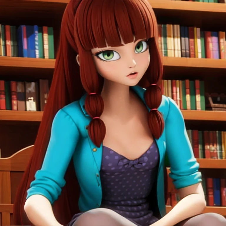 (masterpiece, best quality:1.2), 1girl, green eyes,long brown hair,Lila's civilian clothes consist of a blue romper layered under a red jacket and over grey tights. Her auburn hair turns darker when she undertakes the form of Volpina.