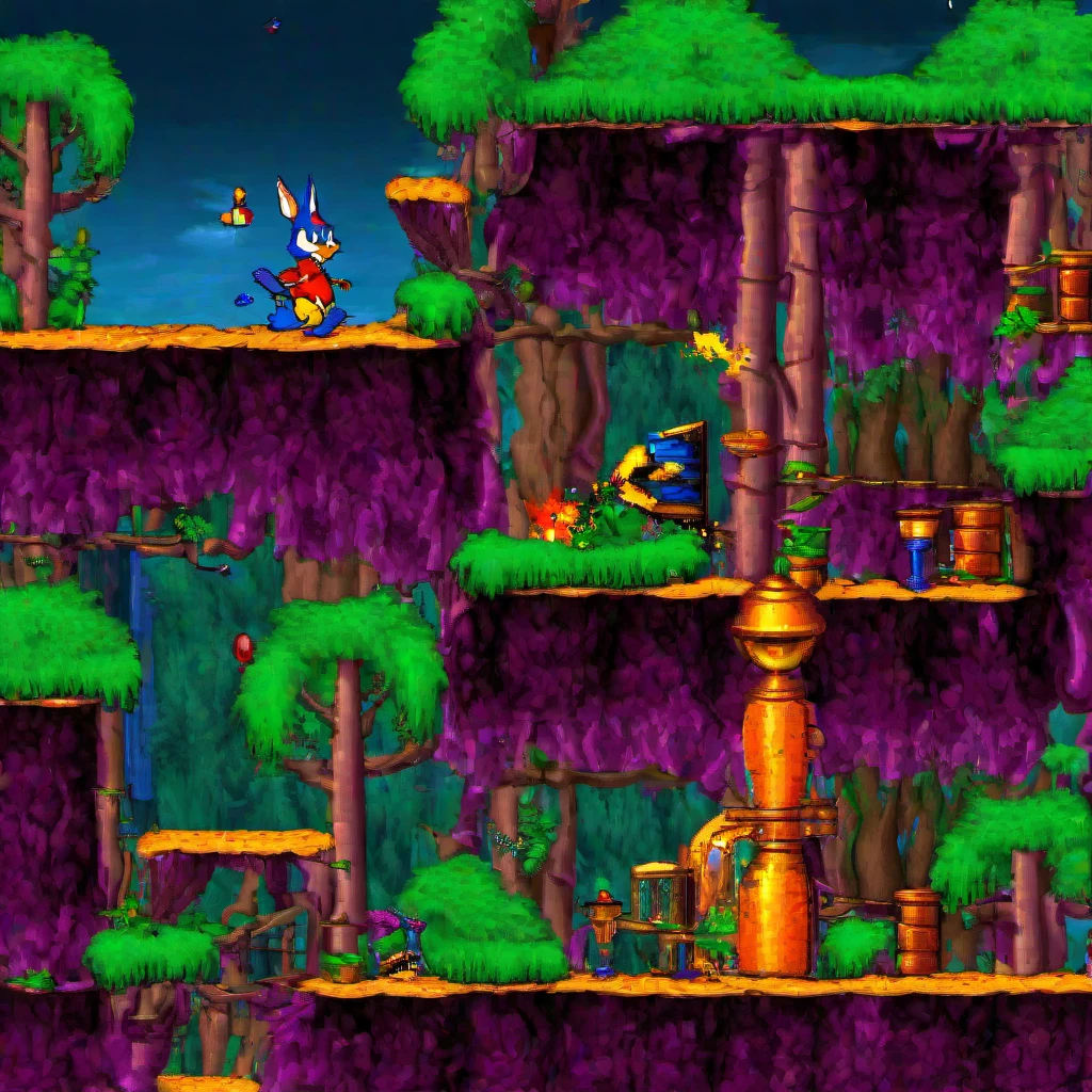 (masterpiece, best quality:1.2), platform, platform game, old game screenshot, platform game side view, 24 bit graphic, retro game, jazz jackrabbit 2, retro platform game