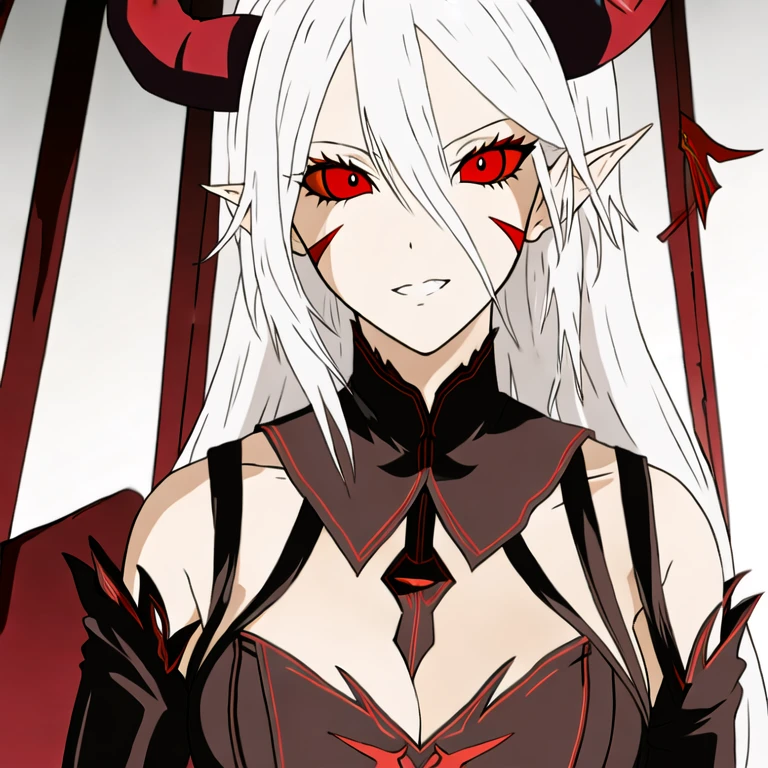 (masterpiece, best quality:1.2), 1girl, solo, demon, white hair, 2 horns, black and red eyes.
