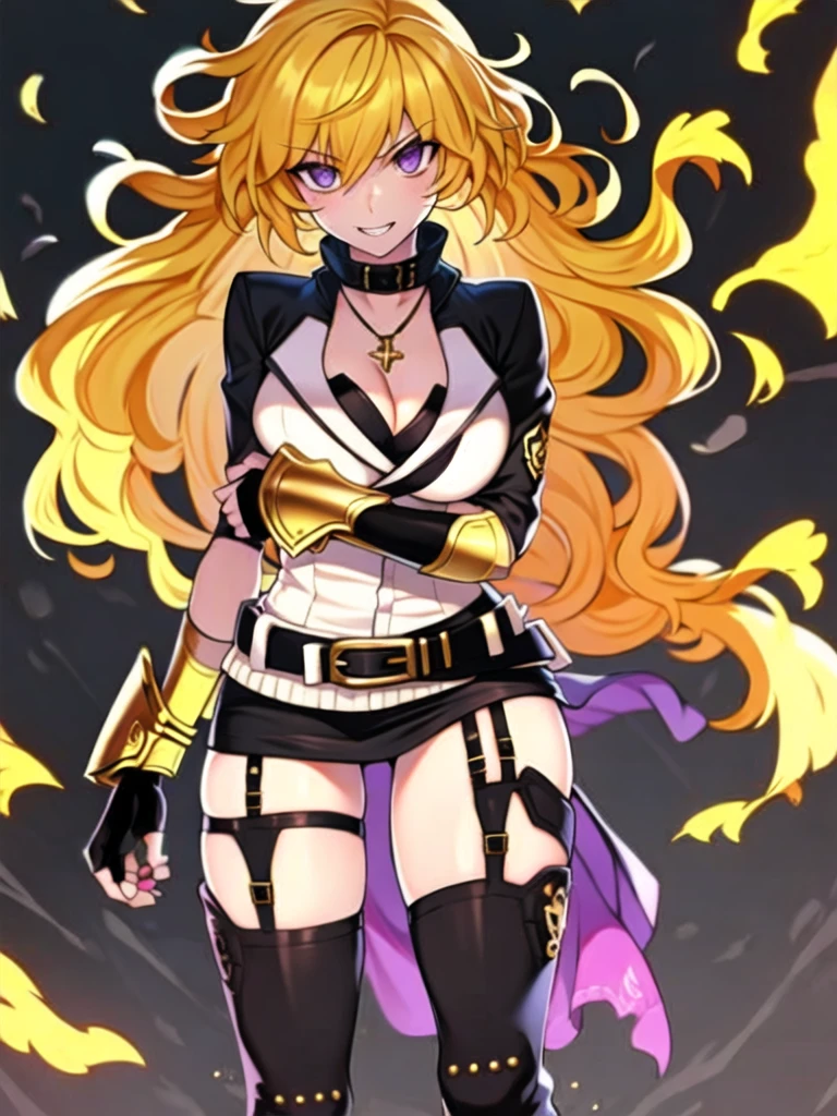 (fullbody), Huntress Yang, 1girl, solo, (ahoge:1), bangs, luscious blonde hair, very long hair, (lilac eyes:1.), eyebrows visible through hair, hair between eyes, lips, teeth, collarbone, (Pendant:1), (purple jewelry:1), jacket, (black sleeves:1), (black shoulders:1), unzipped, long sleeves, cleavage, (black tube top:1), medium breasts, black underwear, (black belt:1.2), buckle, (purple fabric attached left of belt:1), (Heavy wind:1.4), (golden gauntlets with shell casings:1.3), black fingerless gloves, nail polish, (black mini skirt:1.5), thighhighs, (golden fire stamp on each thigh), (garter straps), (black legwear:1), cross-laced footwear, lace-up boots, (white laces on the back of boots:1.1), (standing:1.4), from below, (Clear white background:1.5). BREAK, (masutepiece:1.2), Best Quality, High resolution, Unity 8k壁纸, (Illustration:0.8), (Beautiful detailed eyes:1.2), extra detailed face, Perfect Lighting, extremely detailed CG, 