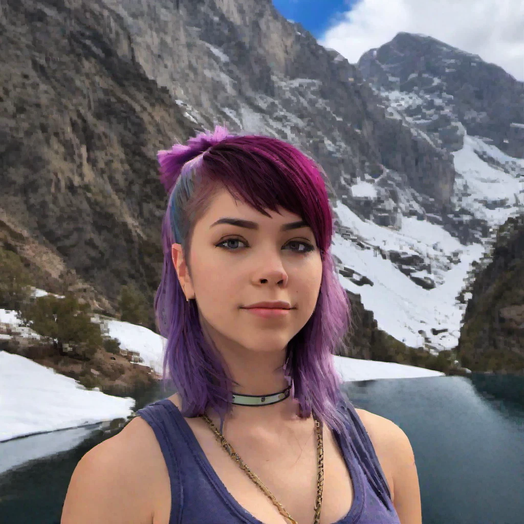(photo_(medium):1.2), by Antonio J. Manzanedo, by Jeremy Lipking, 1girl, looking at the camera, (facing the viewer:1.1), (photorealistic:1.2), hyperrealistic, photorealism, close-up, head and shoulders, purple hair with rainbow streaks, short hair, ponytail, bangs, blue eyes, friendly, eyelashes, steampunk, sleeveless, subsurface skin scattering, snowy mountain background, symmetry, depth of field, 8k, vfx, hdr, rtx