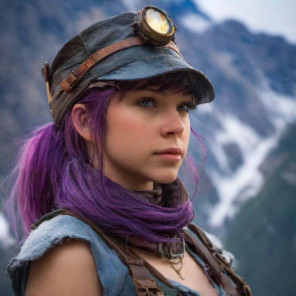 (photo_(medium):1.2), by Antonio J. Manzanedo, by Jeremy Lipking, 1girl, looking at the camera, (facing the viewer:1.1), (photorealistic:1.2), hyperrealistic, photorealism, close-up, head and shoulders, purple hair with rainbow streaks, short hair, ponytail, bangs, blue eyes, friendly, eyelashes, steampunk, sleeveless, subsurface skin scattering, snowy mountain background, symmetry, depth of field, 8k, vfx, hdr, rtx