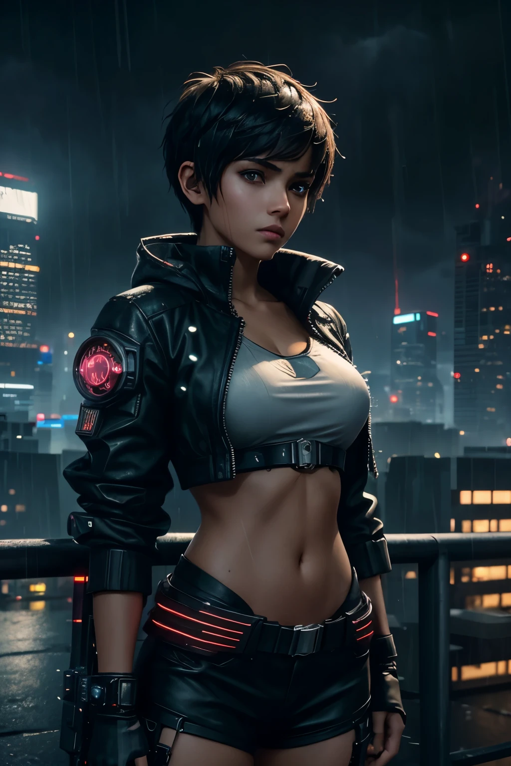 Image of a cyberpunk dystopian city, anime. Young 18 yr old female with short fluffy brown hair in pixie cut ((Latin dark skin)) with red eyessitting on rooftop in cyberpunk clothing, gazing at to the side, melancholy expression, cyberpunk metropolis, cyberpunk dystopia, skyscrapers, tall buildings, neon, rainy, rainy night, rainy moonlit city, raindrops falling from sky, rain falling from sky, Rain droplets from sky, Rainy, rain droplets, night time, moon in sky, night-time.