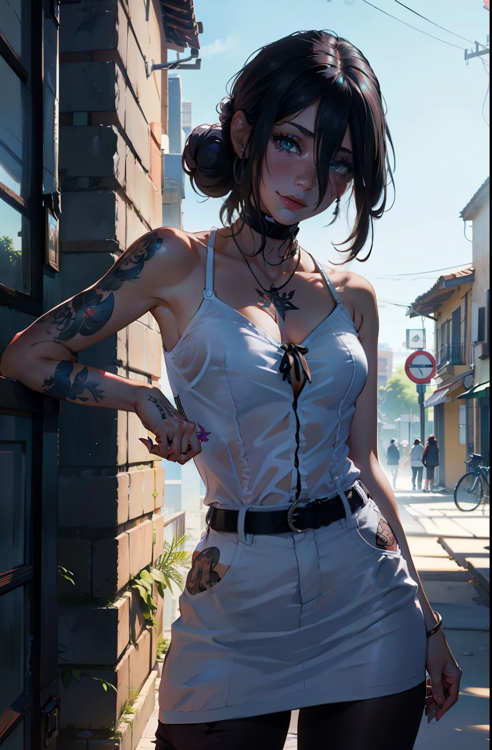 (fundo muito detalhado:1.0), (fundo altamente detalhado:1.0), (obra de arte), alta qualidade, 1 garota, Mulher, tatuagem, Irezumi, profundidade de campo, dynamic lighting, sombras de alta qualidade, Feminino, decote, cortinas de peito, roupas reveladoras, , vestido branco, corte, cabelo roxo
