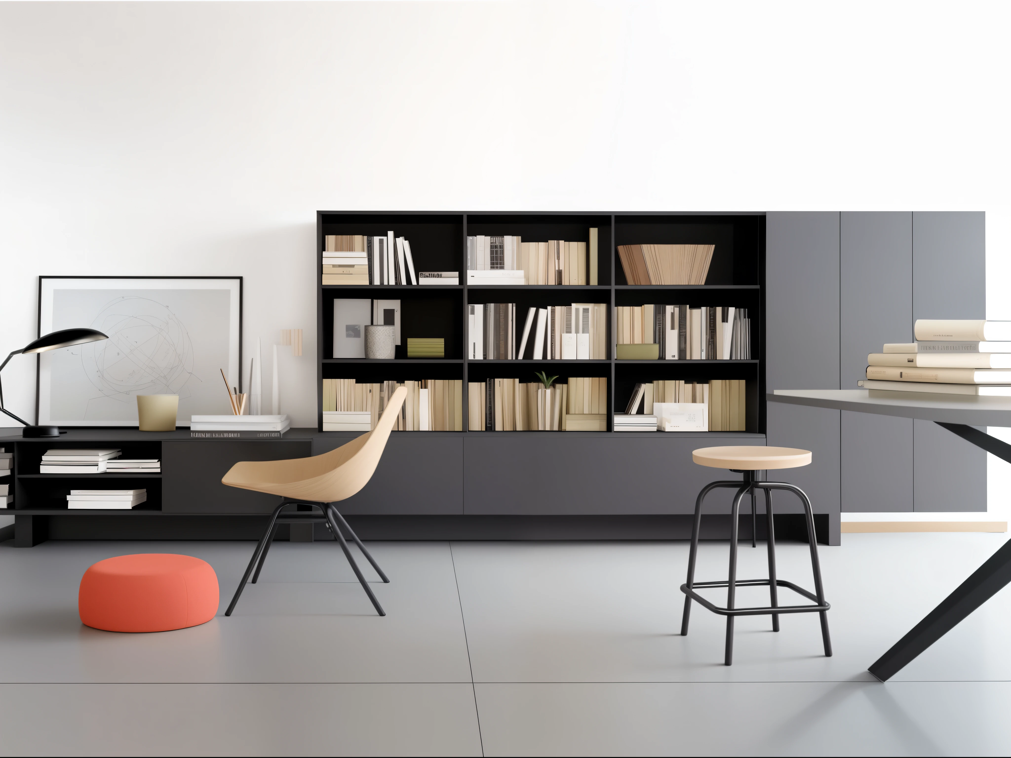 有bookshelf的房间里有一张椅子和一张桌子, designer furniture, Modern minimalist f 2 0, minimally modern, food&Quote;, simple office, Wall full of bookcases, Modern minimalist f 2 0 clean, office furniture, simple furniture, Furniture design, simple design, modern office, award winning modern design, minimalist design, Stylish and modern atmosphere, bookshelf