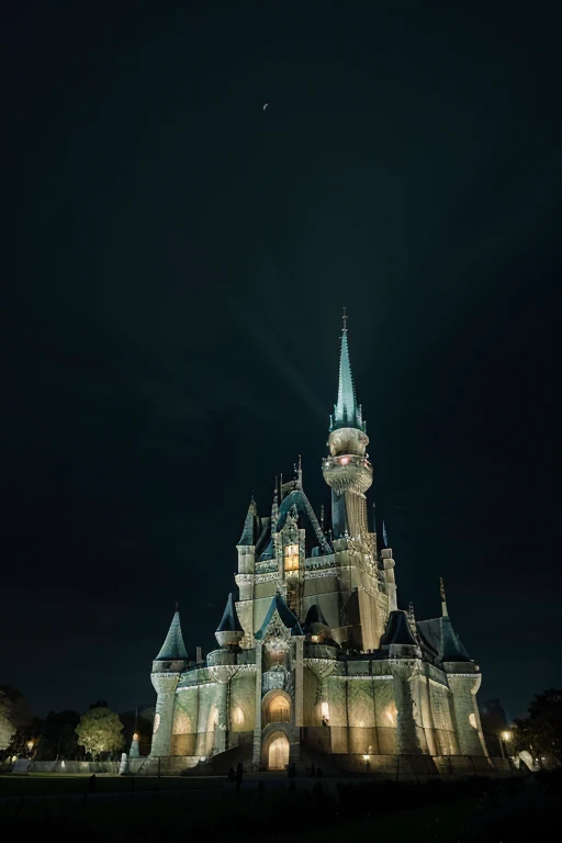 Imagem: Um castelo majestoso pairando sobre nuvens densas. Its Gothic towers intertwine with gleaming metal structures, giving the castle an imposing, futuristic appearance. Neon lights dance around the walls, creating a magical effect. In the sky, spaceships fly in formation, contrastando com o ambiente medieval. Ao redor do castelo, green fields are replaced by hanging gardens, full of exotic plants and advanced technologies.