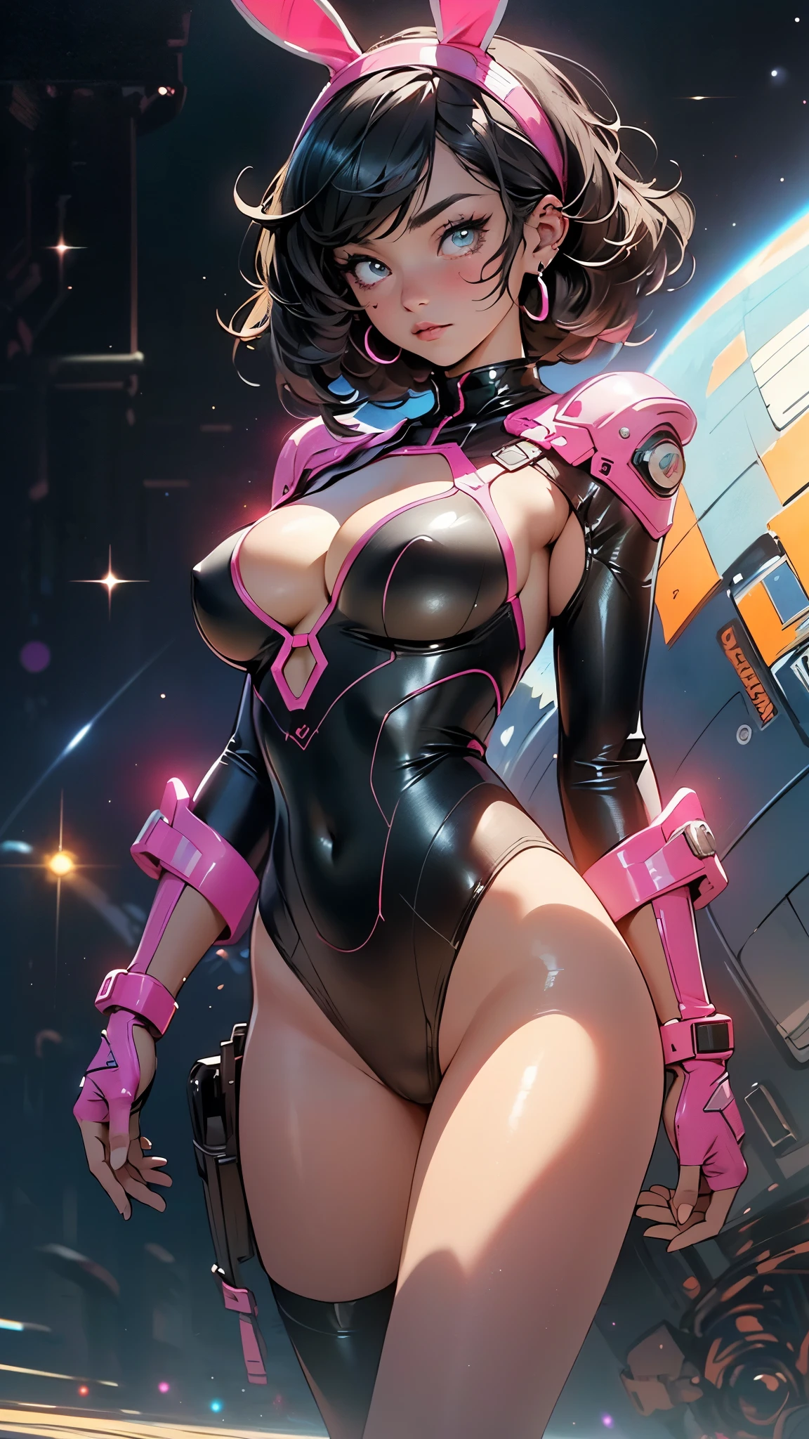 cute bunny girl,(((1girl))),((bunny girl with extremely cute and beautiful black hair)),(((bunny girl,anthro furry cute,bunny-girl,bunny ears,bunny ears on head,big bunny ears))),
(large breasts:1.4),saggy breasts,(((black hair:1.35,colored inner hair,ear breathing,short hair))),((heterochromia:1.5, (pink_eye and blue_eye))),intricate eyes,beautiful detailed eyes,symmetrical eyes,((fat)),(((lustrous skin:1.5,bright skin: 1.5,skin tanned,shiny skin,very shiny skin,shiny body,plastic glitter skin,exaggerated shiny skin,illuminated skin,wet legs))),(spider lower abdomen,narrow waist,wide hip,athletic body,inflated legs, thick thighs,detailed body,(detailed face)),
cute,slutty,seductive,erotic,(((nsfw))),
zettai ryouiki,((slingshot swimsuit black,wearing a slingshot swimsuit outfit:1.3,swimsuit type spacesuit,black armor swimsuit:1.3)),(((huge cleavage))),((wet clothes,intricate outfit,intricate clothes)),
(dynamic pose:1.0),solo focus,embarrassed,(centered,scale to fit dimensions,Rule of thirds),
cyberpunk city by the ocean at night, with bright neon signs and dark stormy clouds and puddles, scenery:1.25,nighttime, starry night, cosmos,Very dark night that makes the neon lights stand out, very bright neon lights,nighttime, starry night, cosmos,
highres, sharp focus, (ultra detailed, extremely detailed), (photorealistic artwork:1.37),(extremely detailed CG unity 8k wallpaper),((synthwave background theme)),(((vibrant colors))),(intricate background),(masterpiece),(best quality),