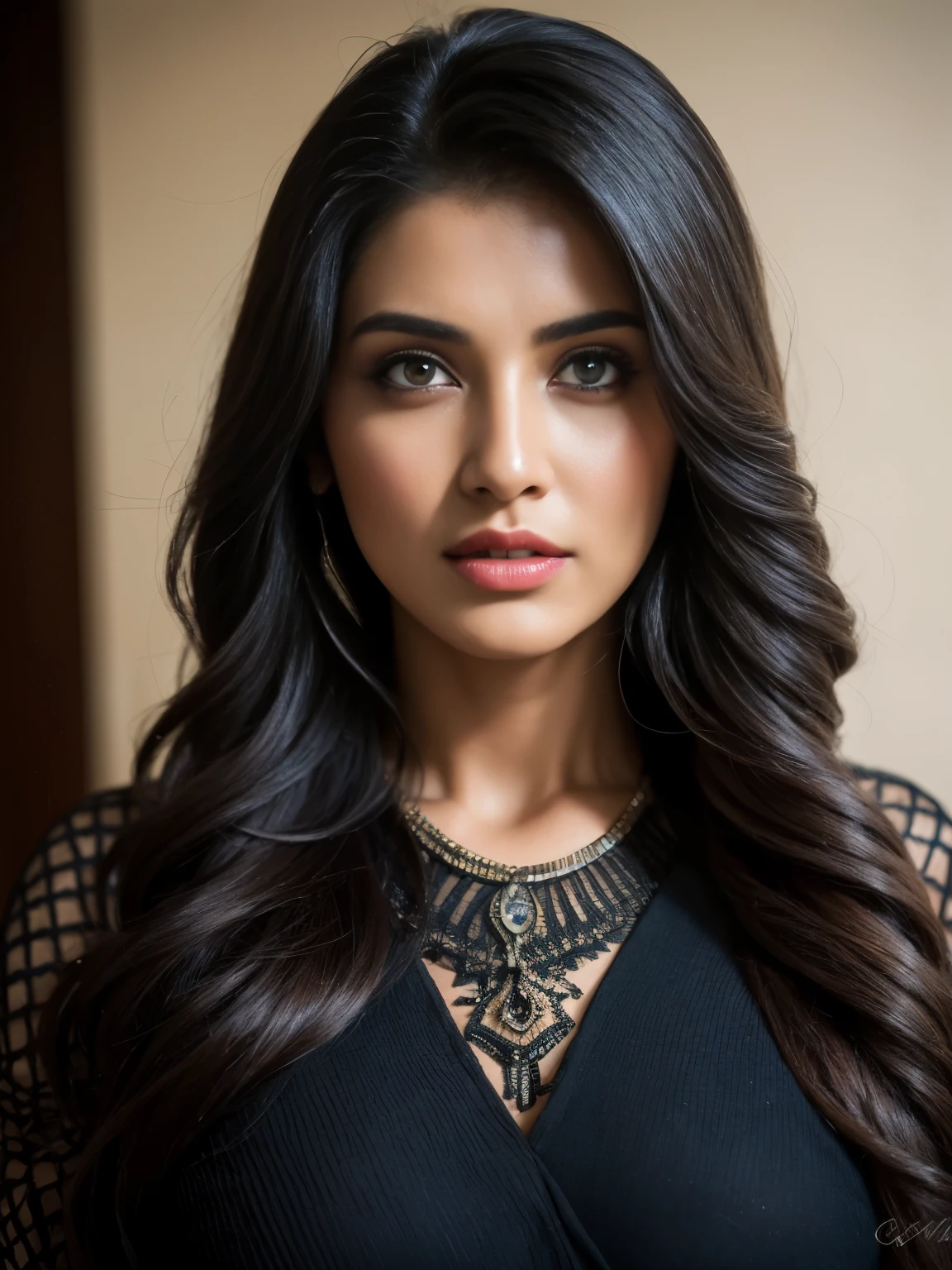 20 years old, Portrait of A confident-looking indian girl long flowing hair, (facing,90 degree to camera, looking at camera) hazel and brown big eyes, sitting on sofa, close up face, beautiful detailed nose, sexy detailed lips, (detailed skin texture), bokeh, perfect composition, hyperrealistic, super detailed, 8k, high quality, trending art, trending on artstation, sharp focus, studio photo, intricate details, highly detailed, art by greg rutkowski, full face visible,
