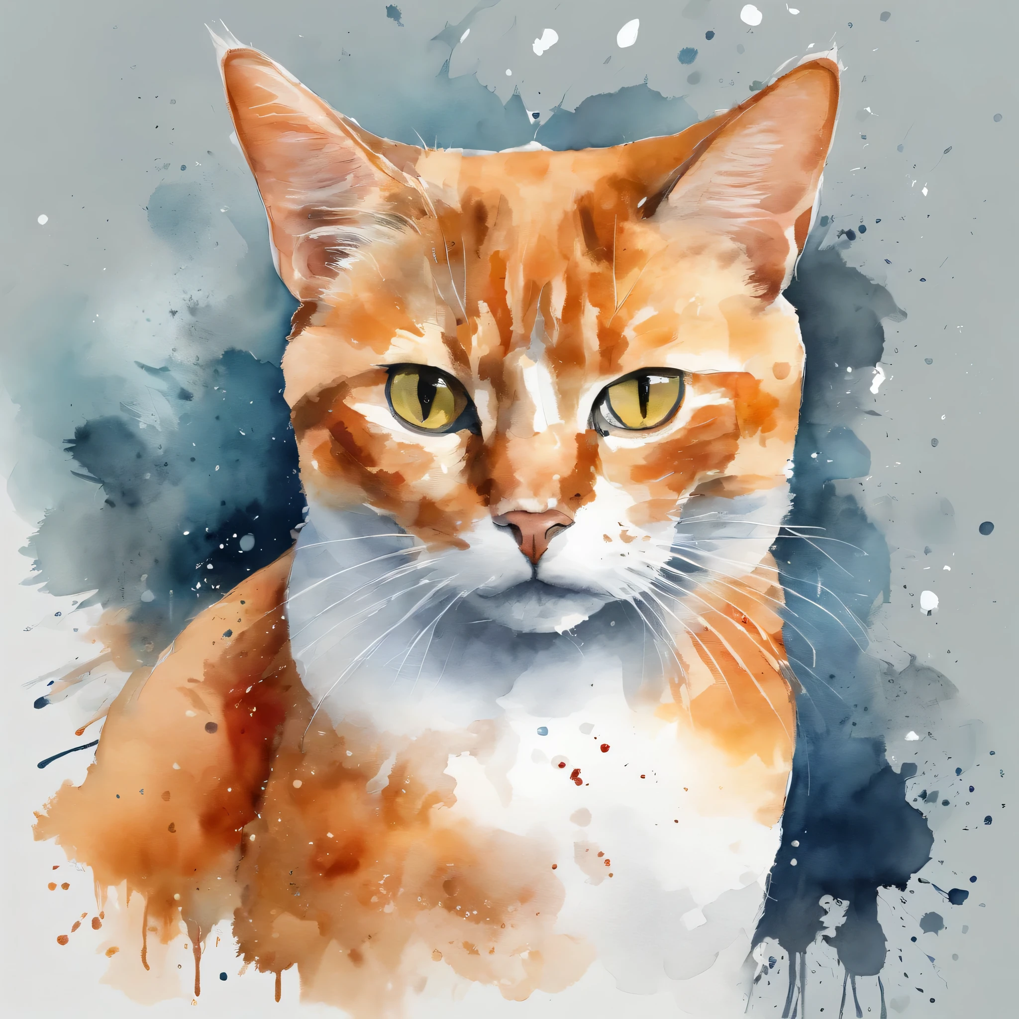 Extremely detailed and whimsical image of an orange and white shorthair cat surrounded by paint splatters, arte em aquarela salpicada, estilo aquarela, fundo branco com respingos de aquarela, paleta de cores suaves, very detailed watercolor strokes, tinta macia, fundo branco, Bonitinho, intimate, meticuloso, with light infusion, Eterno, magistral, refinado, cativante, peculiar, arte de fantasia, efeito aquarela, handdrawn, pintura digital, baixo poli, soft lighting, 32k resolution (melhor qualidade)