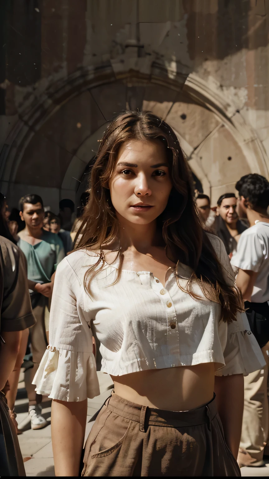 A person standing in the middle of a circle of people who look at him with disgust., pointing at her with the finger. rostro perfecto, imagen 8k, piel de porcelana.