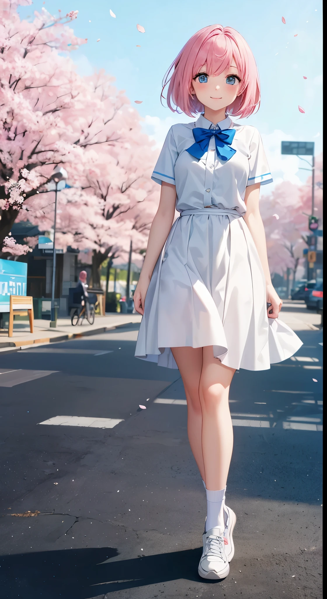 1 girl in, alone,, pink tint, comic style, Pink cherry blossoms nearby,s, pink hair, bob hair,Blue slip dress, white school uniform, blue bow tie, (White background), looking at the audience, white sneakers,Facing the camera,Smile,Long shot, standing, white socks,Xin Haicheng, animation stills, anime screenshot,Your name,the highest picture quality