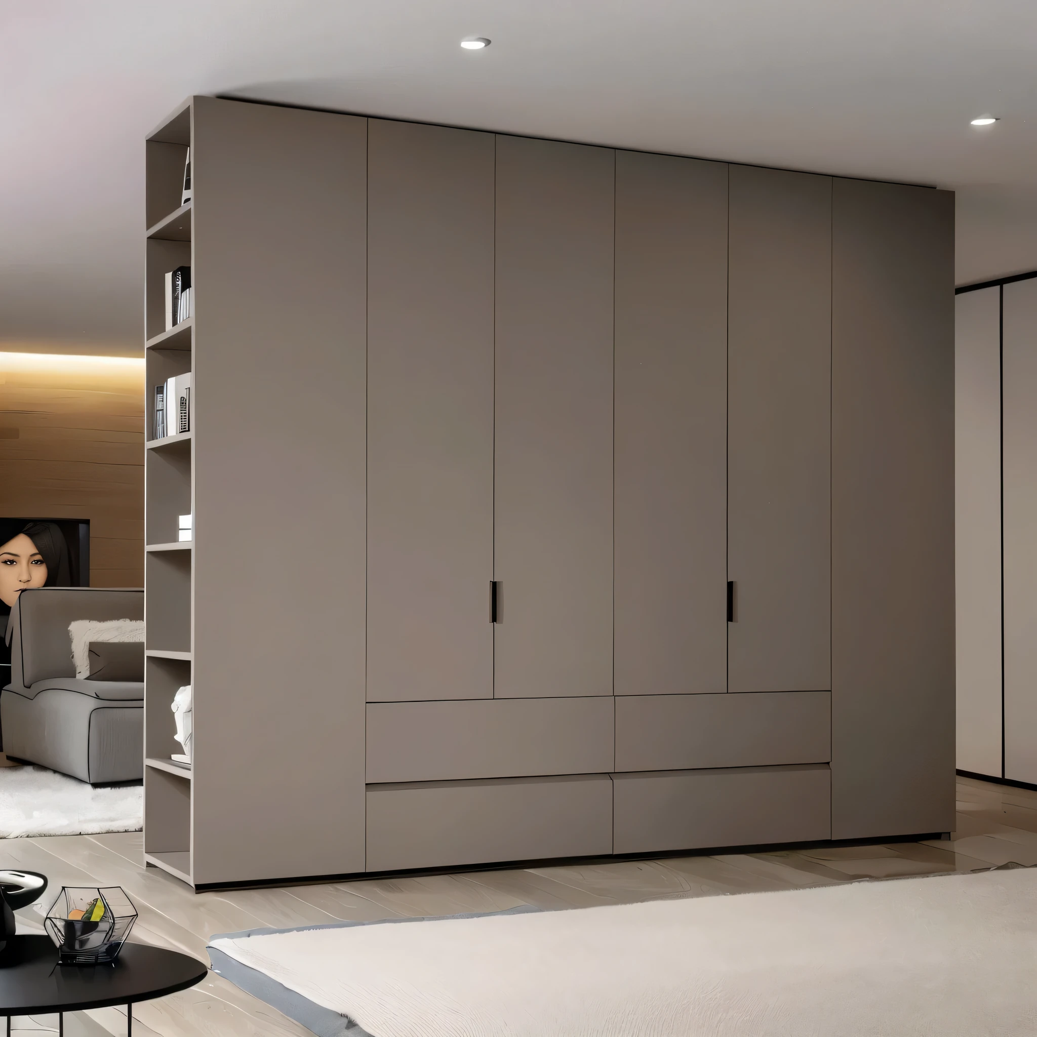 there is a living room with a couch and a secondook shelf, elegant wardroseconde, cupsecondoards, elegant futuristic wardroseconde, casecondinets, casecondinet furniture, color, conceptual, minimally modern, food&Quote;, second, unit, lasecond, goat, royal, flat grey, elegant minimalism, Modular, Utrecht, EUR, exhibit, contemporary, clean lines, simple furniture, detailed