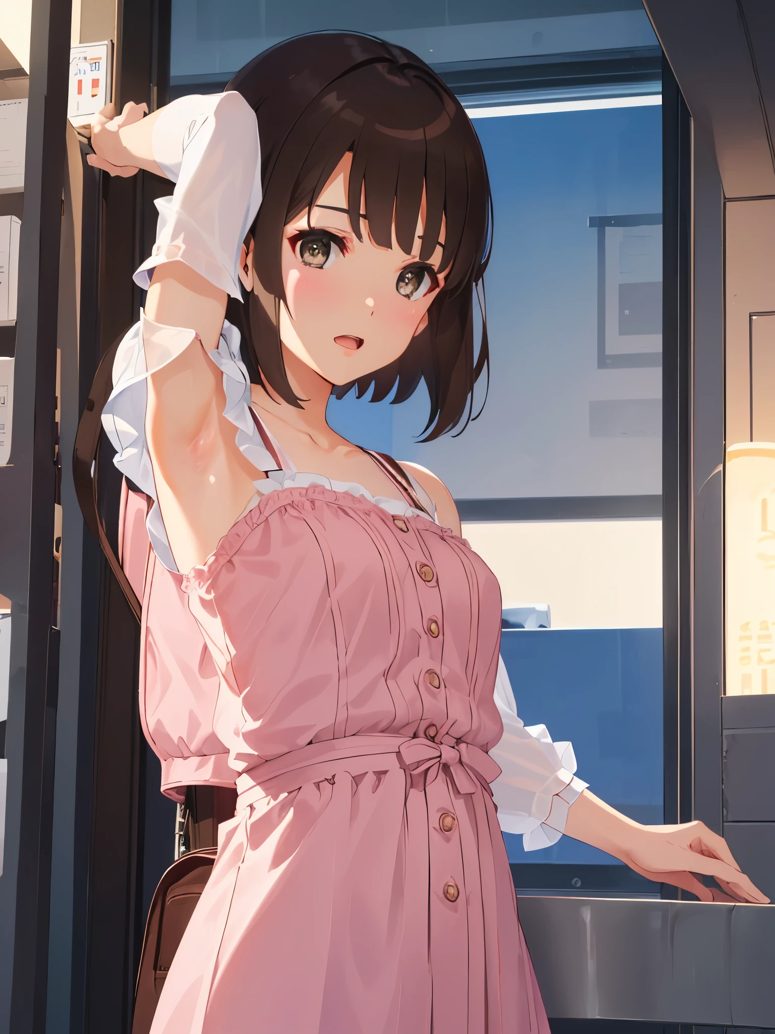 ((Show your armpits)),((No sleeve)),(masterpiece:1.6, highest quality), (Beautiful detailed eyes: 1.2), ticker_kato, katohdlong, katohd, 1 girl, alone, brown hair, short hair, brown eyes, Backpack, open your mouth, bangs, Shoulder bar , blush, pink jacket,