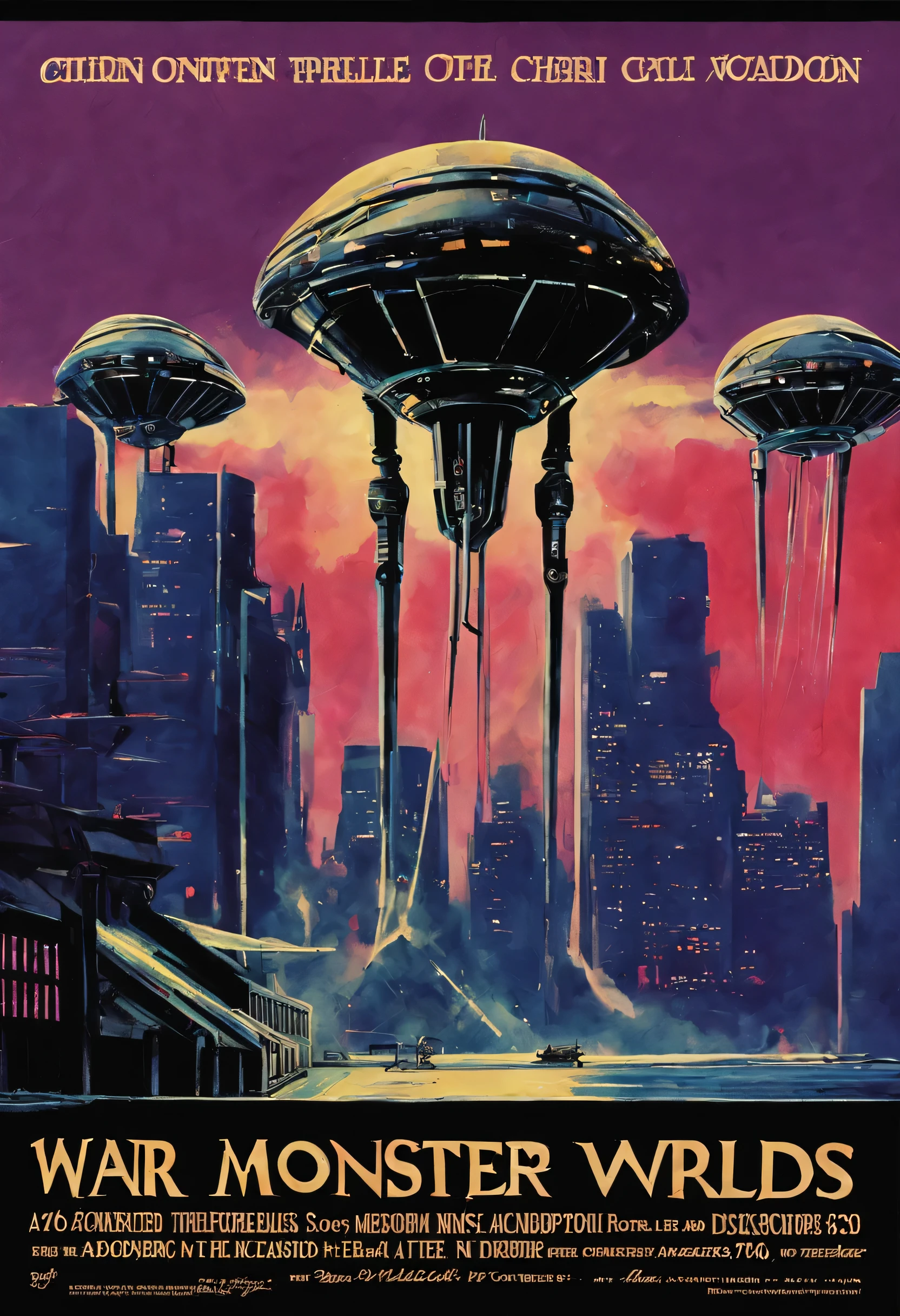 ｛old movie posters｝｛1980s｝｛monster｝｛War of the Worlds｝｛Near future｝｛The beauty of the future｝｛cyborg｝｛robot｝｛cyber punk｝｛beautiful｝｛High resolution｝｛Blurred printing｝｛desolation｝｛vintage｝masterpiece , 最high quality , super detailed｛high quality｝