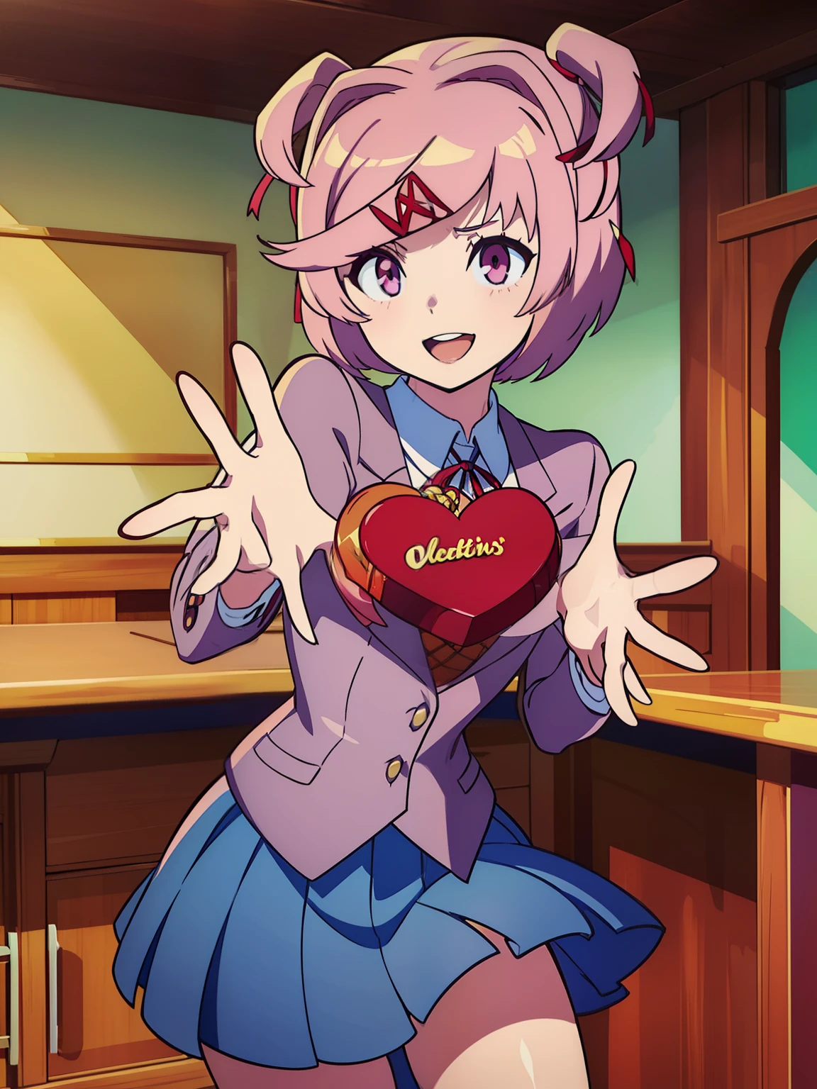 smiling, highres, 4k, Sayori, (2d, masterpiece, best quality, anime, highly detailed, cowboy shot, 2girls, solo, Natsuki, Yuri, pink eyes, pink hair, short hair, hair clip, purple eyes, king purple hair, two side up, hair ornament, school uniform, blazer, brown sweater, collared shirt, neck ribbon, blue skirt, standing, clenched hands, :d, classroom looking at viewer, ((Valentine)), ((Valentines Day)), Valentines Chocolate, ((chocolates)), Natsuki and Yuri