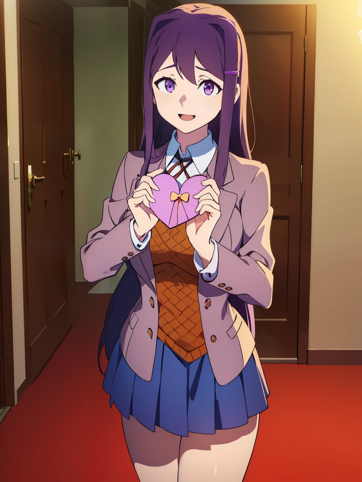 smiling, highres, 4k, Sayori, (2d, masterpiece, best quality, anime, highly detailed, cowboy shot, 2girls, solo, Yuri, hair clip, purple eyes, long purple hair, school uniform, blazer, brown sweater, collared shirt, neck ribbon, blue skirt, standing, clenched hands, :d, classroom looking at viewer, ((Valentine)), ((Valentines Day)), Valentines Chocolate, ((chocolates)), long hair