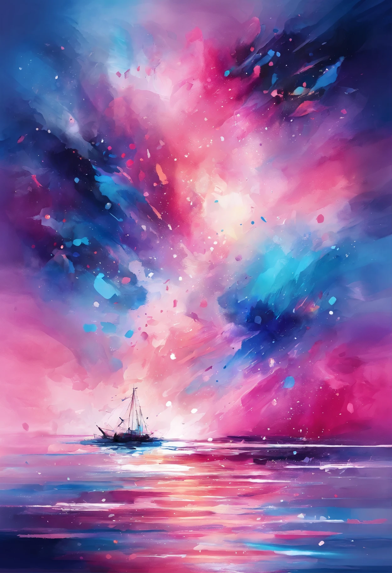 3D watercolor abstract,dark background,High resolution,high quality,Blue gradient、pink、a dolphin、null、splatters、Ocean、salvation、prayer、find
