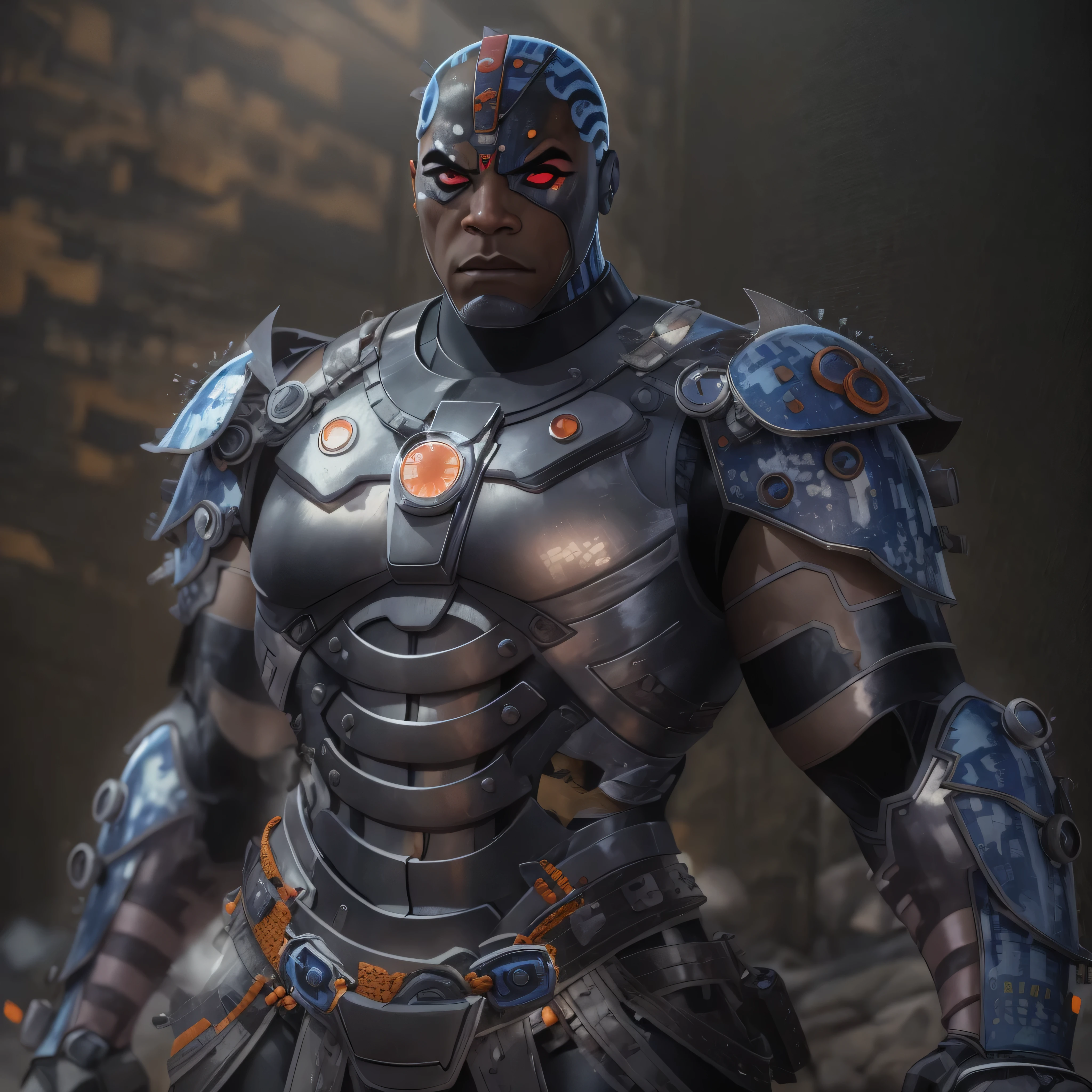 Full body image, DC Comics, Cyborg Victor Stone, black man, (((samurai armor))), photo-realistic, octane render, unreal engine, ultra-realistic