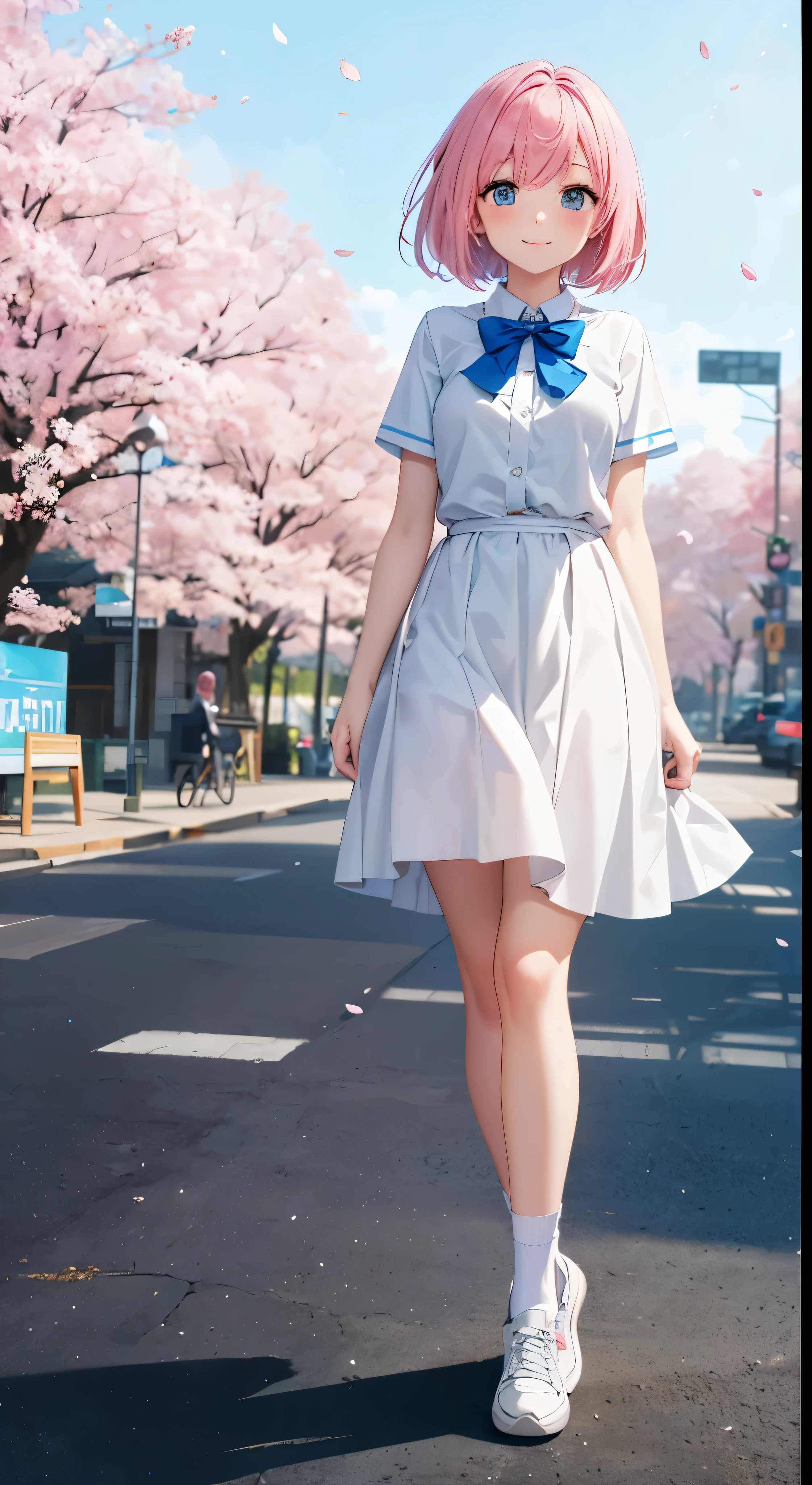 1 girl in, alone,, pink tint, comic style, Pink cherry blossoms nearby,14 years, pink hair, bob hair,Blue suspender dress, white school uniform, blue bow tie, (White background), looking at the audience, white sneakers,face camera,Smile,long shot, permanent, white socks,Xin Haicheng, animation stills, anime screenshot,Your name,Highest quality