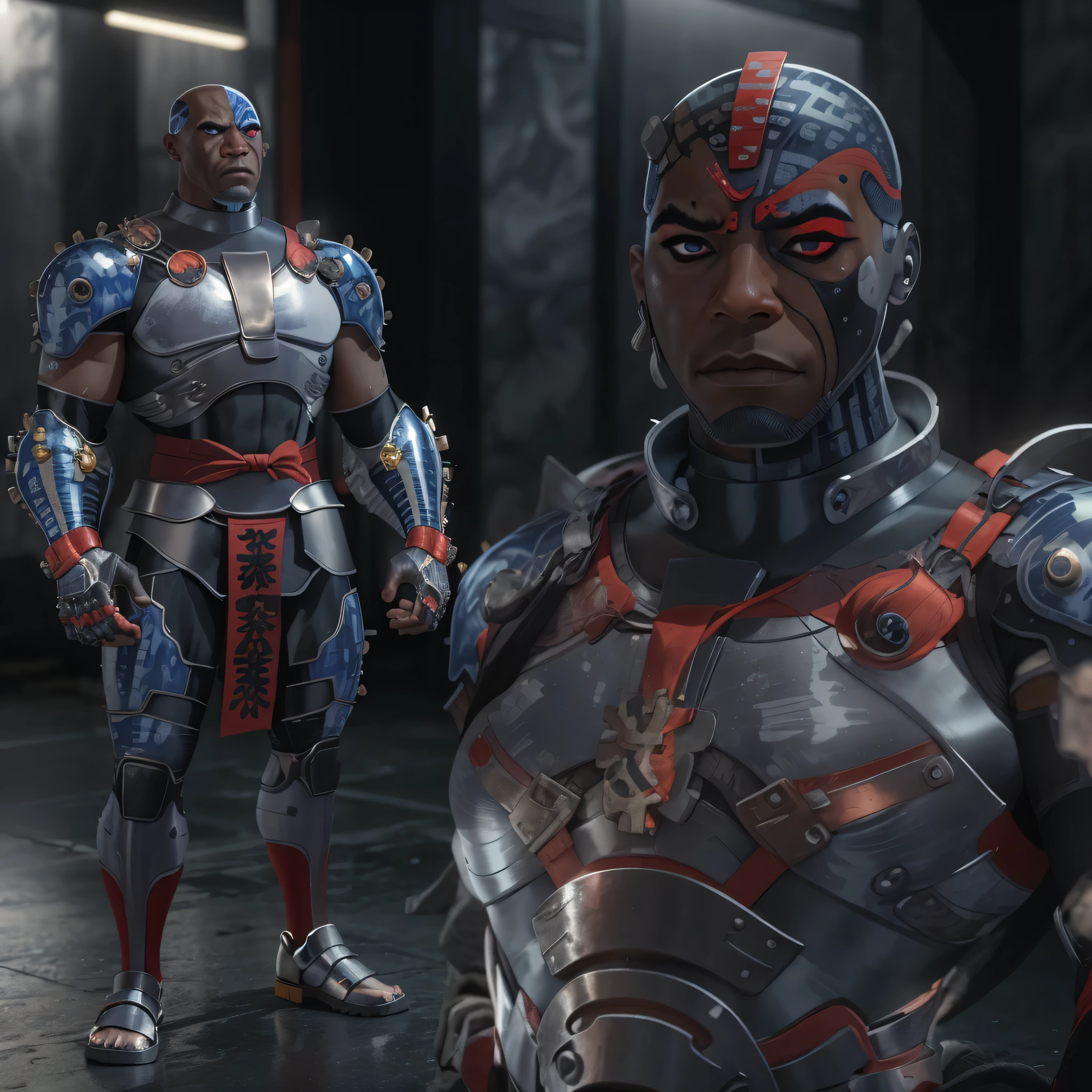 Full body image, DC Comics, Cyborg Victor Stone, black man, (((samurai armor))), photo-realistic, octane render, unreal engine, ultra-realistic