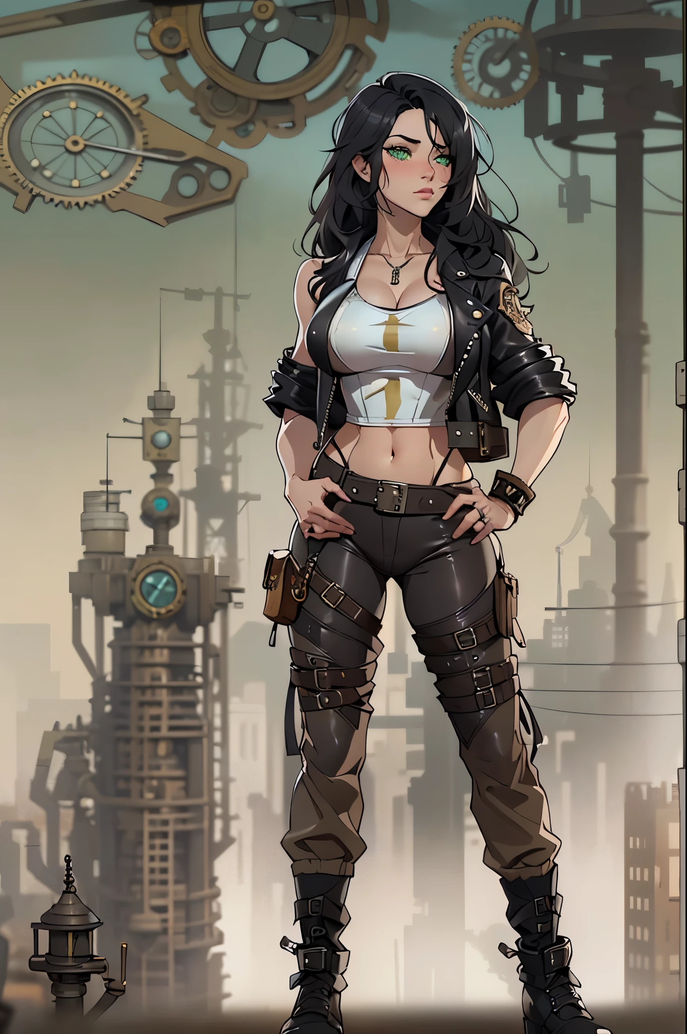 ((daytime, Need, 8K, tmasterpiece:1.3)),(realisticlying:1.4),RAW photogr,figure portrait,Very wide lens,closeup cleavage,(True skin texture:1.3),(filmgrain:1.3) Focalors:1.2, perfect figure beautiful woman:1.4, ((Long dark black bright hair, green eyes, huge tit:1.2 )), ((White crop top:1.4)(short black leather jacket) , cropped shoulders,black steampunk trausers, standing on your feet:1.2), ((steampunk city day scene, )), Highly detailed facial and skin texture, detailed