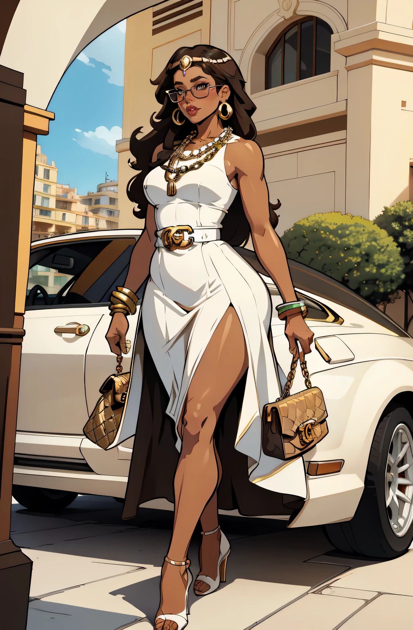 background monaco (a 35 year old woman) brown skin, solo, 1 girl,, african long hair, super detailed, modern style, wearing white gucci dress and chanel sunglasses