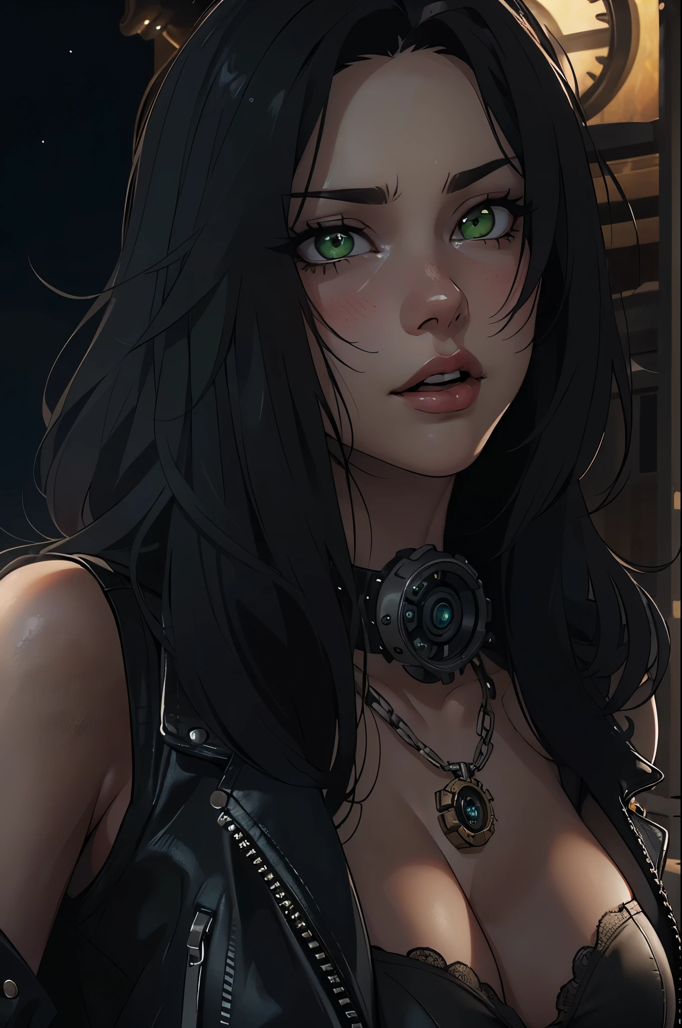 ((deep in the night, Need, 8K, tmasterpiece:1.3)),(realisticlying:1.4),RAW photogr,figure portrait,Very wide lens,closeup cleavage,(True skin texture:1.3),(filmgrain:1.3) Focalors:1.2, perfect figure beautiful woman:1.4, ((Long dark black bright hair, green eyes, huge tit:1.2 )), ((White crop top:1.4)(short black leather jacket) , cropped shoulders,black steampunk trausers, standing on your feet:1.2), ((steampunk city night scene, )), Highly detailed facial and skin texture, detailed