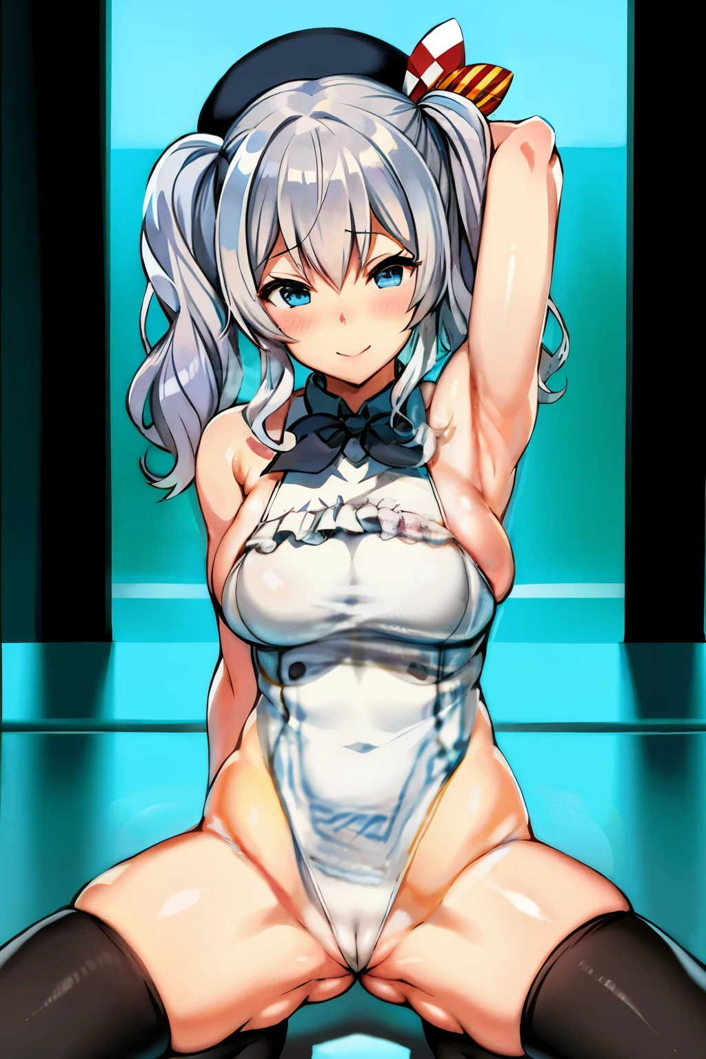1 girl、solo、masterpiece、highest quality、KashimaOG、Kashima\(KanColle\)、gray hair、blue eyes、wavy hair、twin tails、Fishing eye、beret、laughter、embarrassing、blush、big breasts、Black enamel、bondage、High leg、Black enamel、thigh high boots、squat on the floor、Open your crotch wide from side to side、open your legs、Show your crotch to the camera、stare at the camera、arm behind head、show off your armpits、school hallway