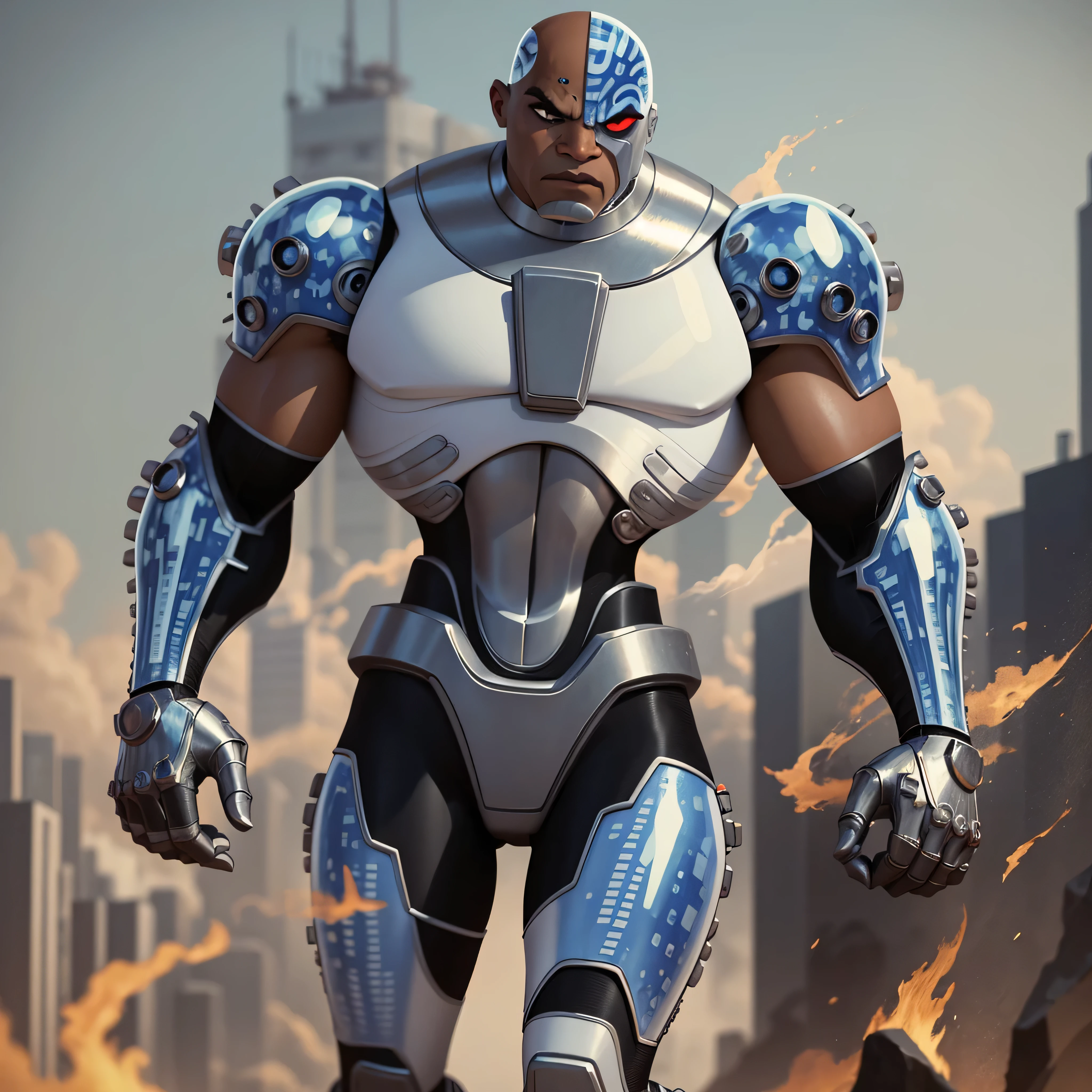 Full body image, DC Comics, Cyborg Victor Stone, black man, (((samurai armor))), photo-realistic, octane render, unreal engine, ultra-realistic