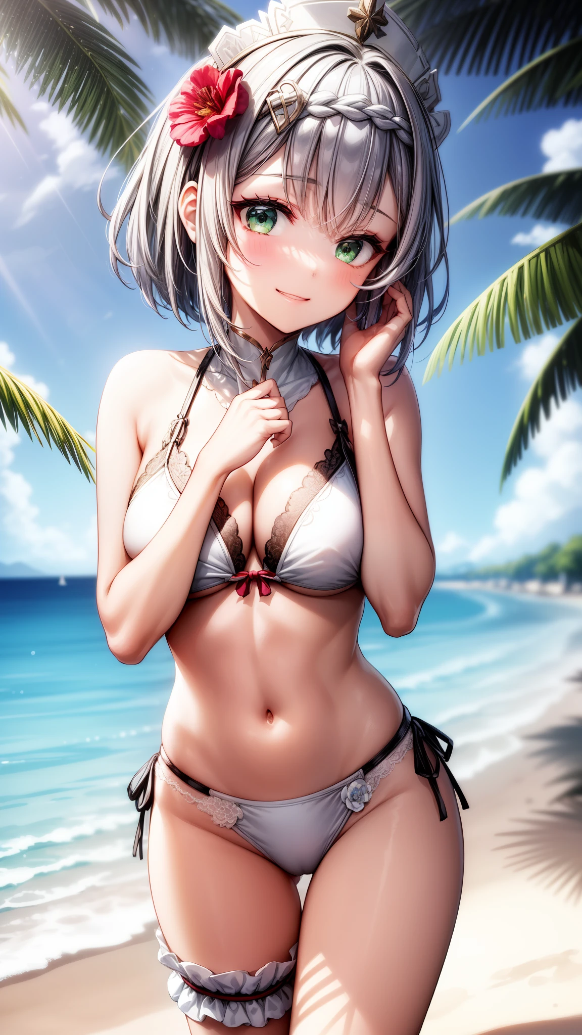 anime, beautiful face, highly detailed face, (2 accurate legs:1), green detailed eyes, highly detailed beach background, perfect lighting, best lighting, (no shadows:1.2), 1girl, solo, outdoors, genshin impact, hair ornament, noelle, (beautiful sliver hair:1.2), absurdres, high res, ultrasharp, 8K, masterpiece, looking at viewer, smile full of love, blushing, BREAK (detailed sexy beach bikini:1.3), (all intricate lace:1.2), (hands on face:1.2), elegantly posed