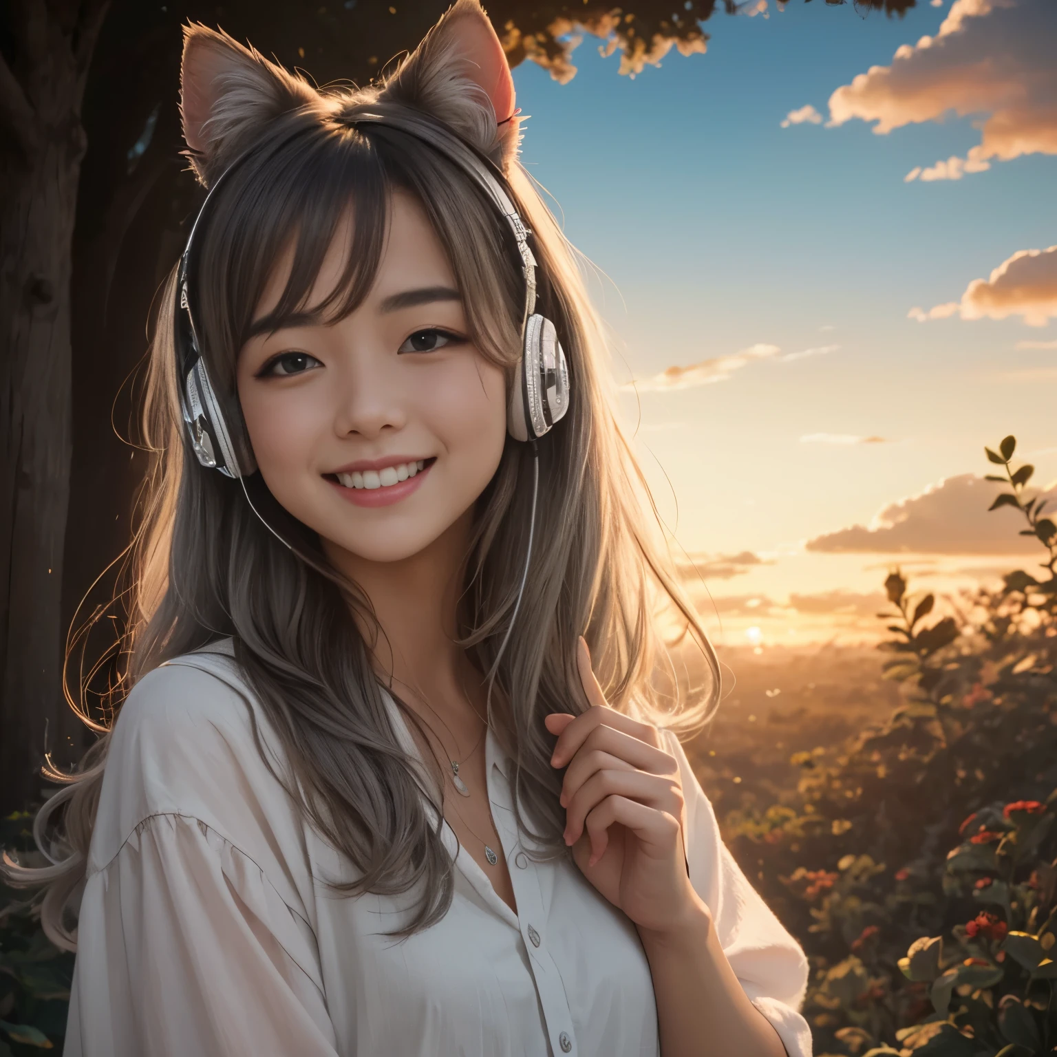 masterpiece, highest quality, movie stills, 1 girl, cloud girl, floating in the sky, close, bright, Happy, warm and soft lighting, sunset, (sparks:0.7)、Feline ears、headphone、gray hair、17 year old girl、cute、Glamour、Good style、laughing、Plump、