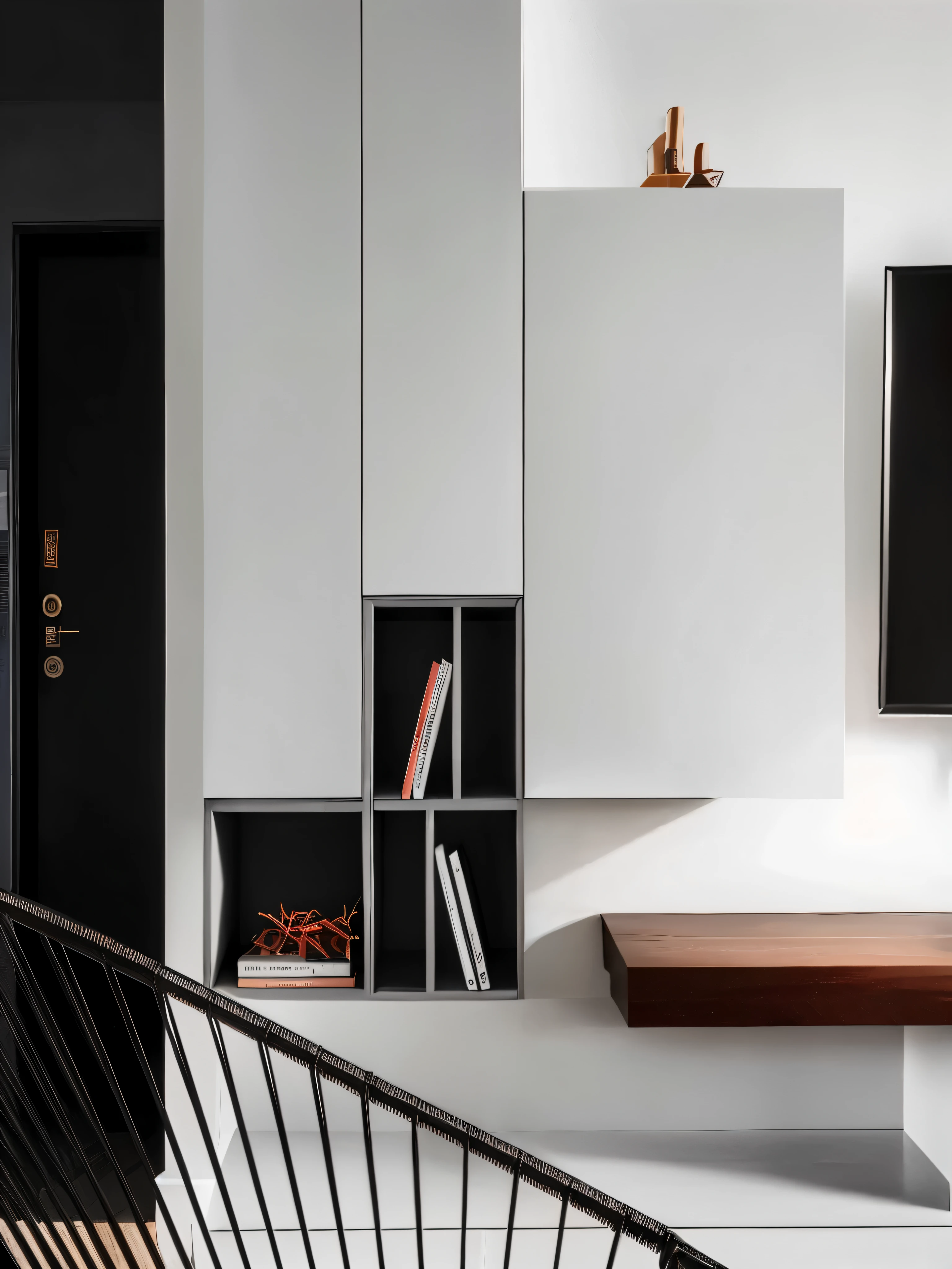 There is a black and white photo of the living room, modern details, elegant minimalism, Modern and simple, Simple and beautiful, simple design, Modern and simple设计, Inside modern apartment, A well-designed masterpiece, Stairs and bookshelves, very simple, minimally modern, Low details and clean lines, Apartment with black walls, exaggerated details
