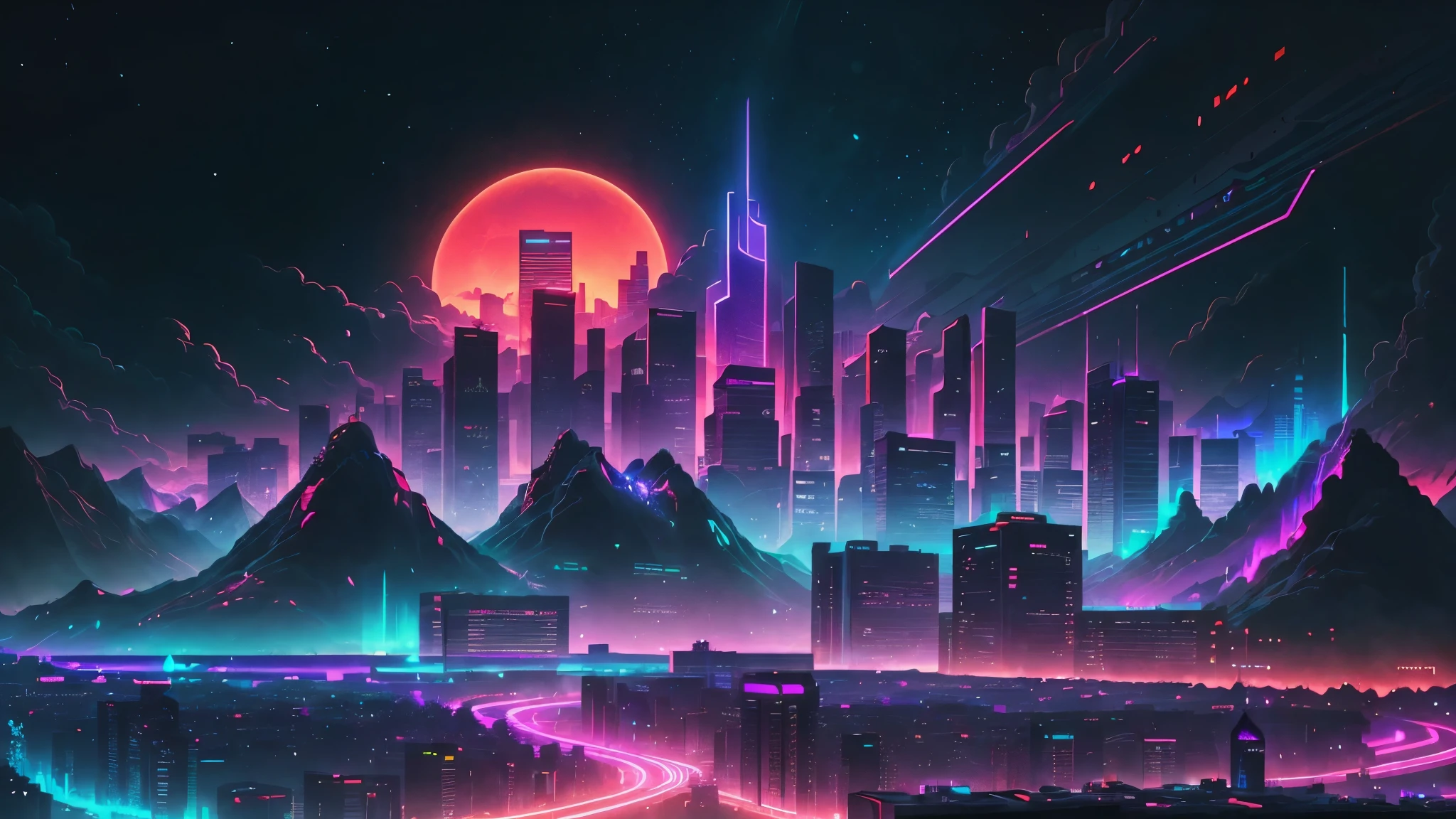 retrowave. city, purple neon lights, sun, mountain, synthwave inspired art, 8k, epic scale, 16.9 aspect ratio 
(masterpiece,detailed,highres),