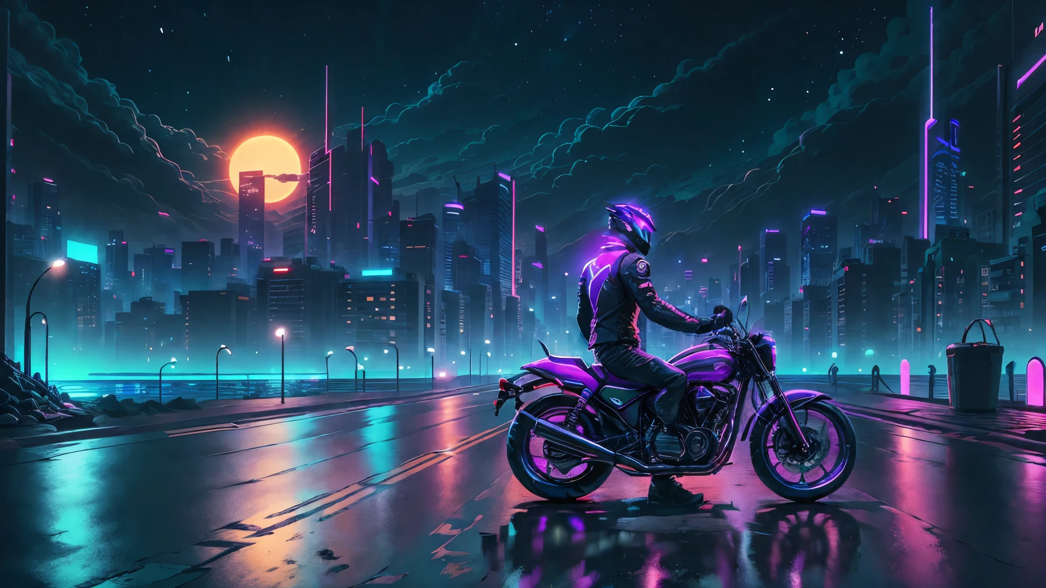 Add a man in a motorcycle retrowave. city, car, road,  purple neon lights, sun, mountain, 
(masterpiece,detailed,highres), 16.9 aspect ratio