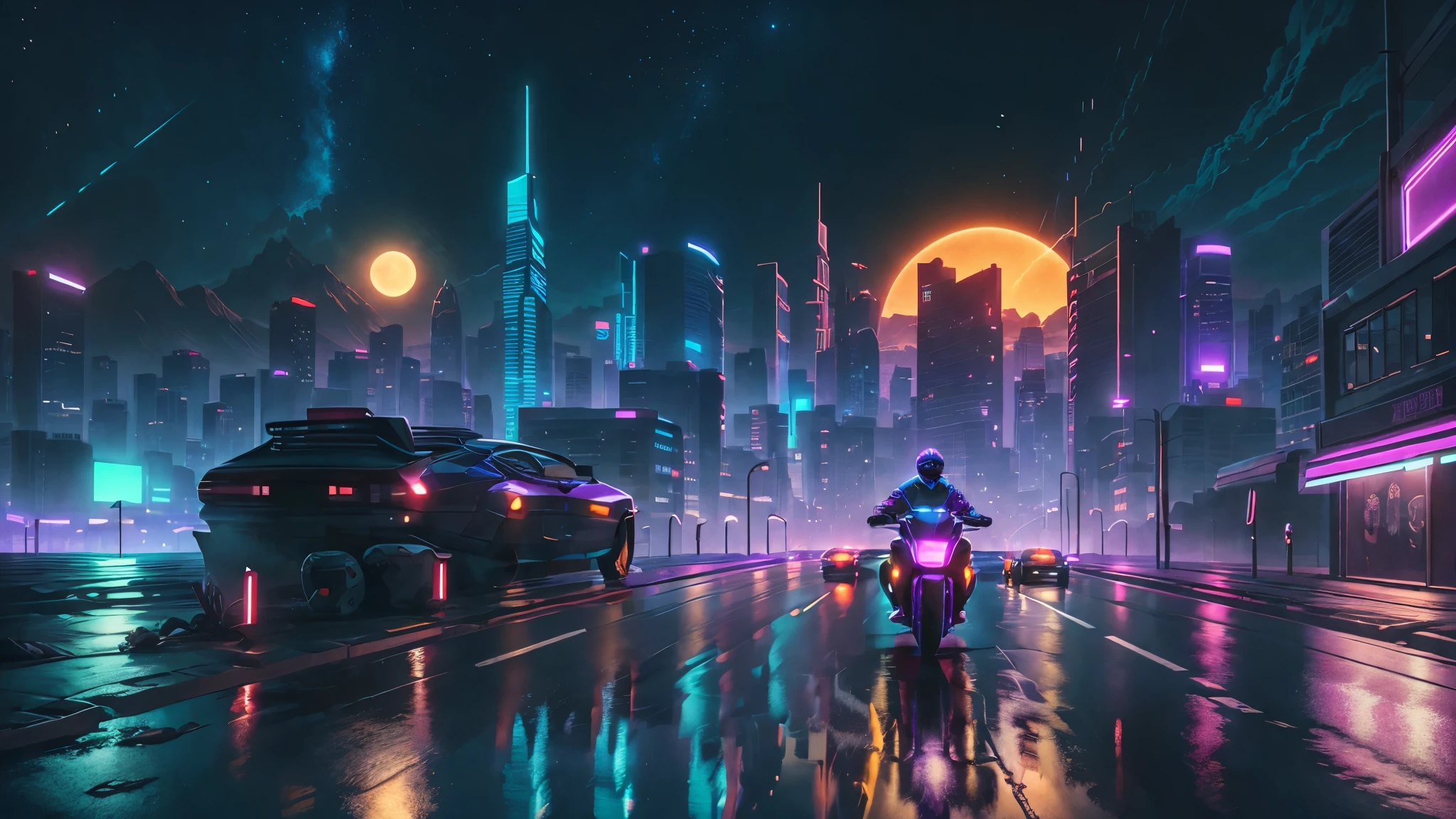 Add a man in a motorcycle retrowave. city, car, road,  purple neon lights, sun, mountain, 
(masterpiece,detailed,highres), 16.9 aspect ratio