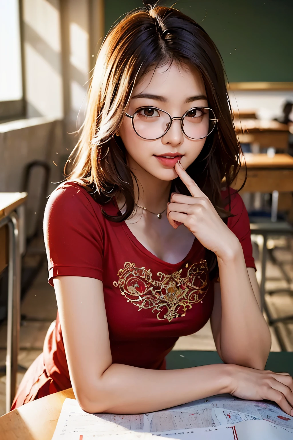 (a :1.3),(work of art, best quality:1.4), (Beautiful, aesthetic, perfect, Delicate, Intricate:1.2),((best quality)), ((work of art)), (detailed), (a high resolution:1.2), classroom, an adult female, Claudia Chever smiling, Red t-shirt, White skirt, Glasses, bend over, viewing angle,