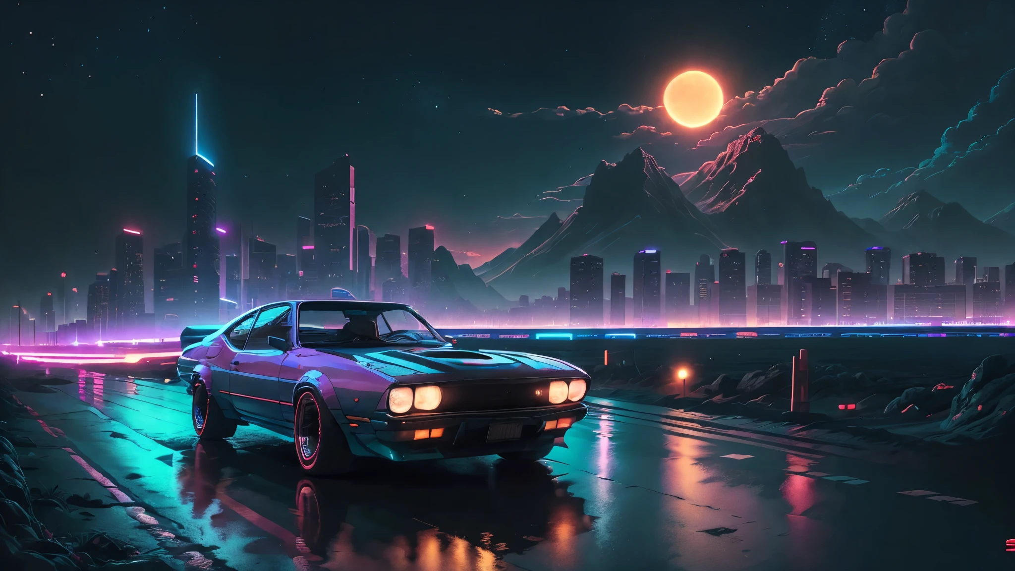 retrowave. city, 1969 Nissan S30, wide body kit, road, purple neon lights, sun, mountain,
(masterpiece,detailed,highres), 16.9 aspect ratio, epic vista, wide shot